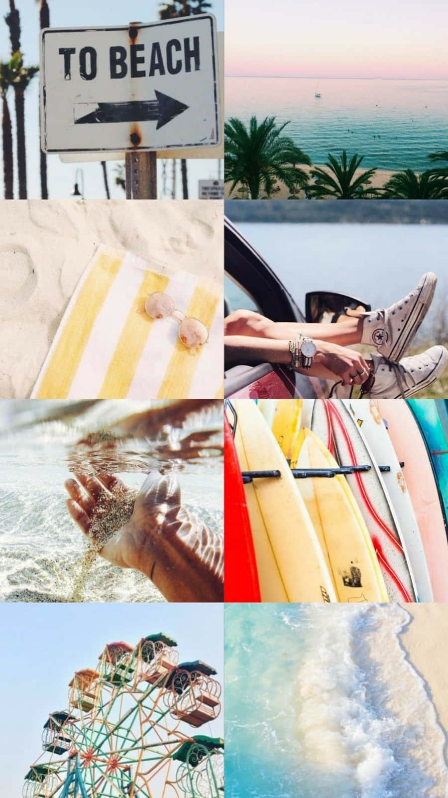 TO BEACH sign, palm trees, surfboards, HD Phone Wallpaper