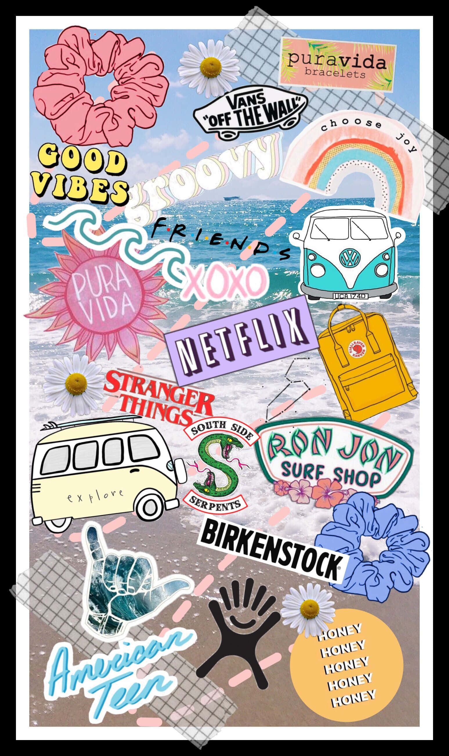 Beach Collage, surf vans, daisies, 2K Phone Wallpaper