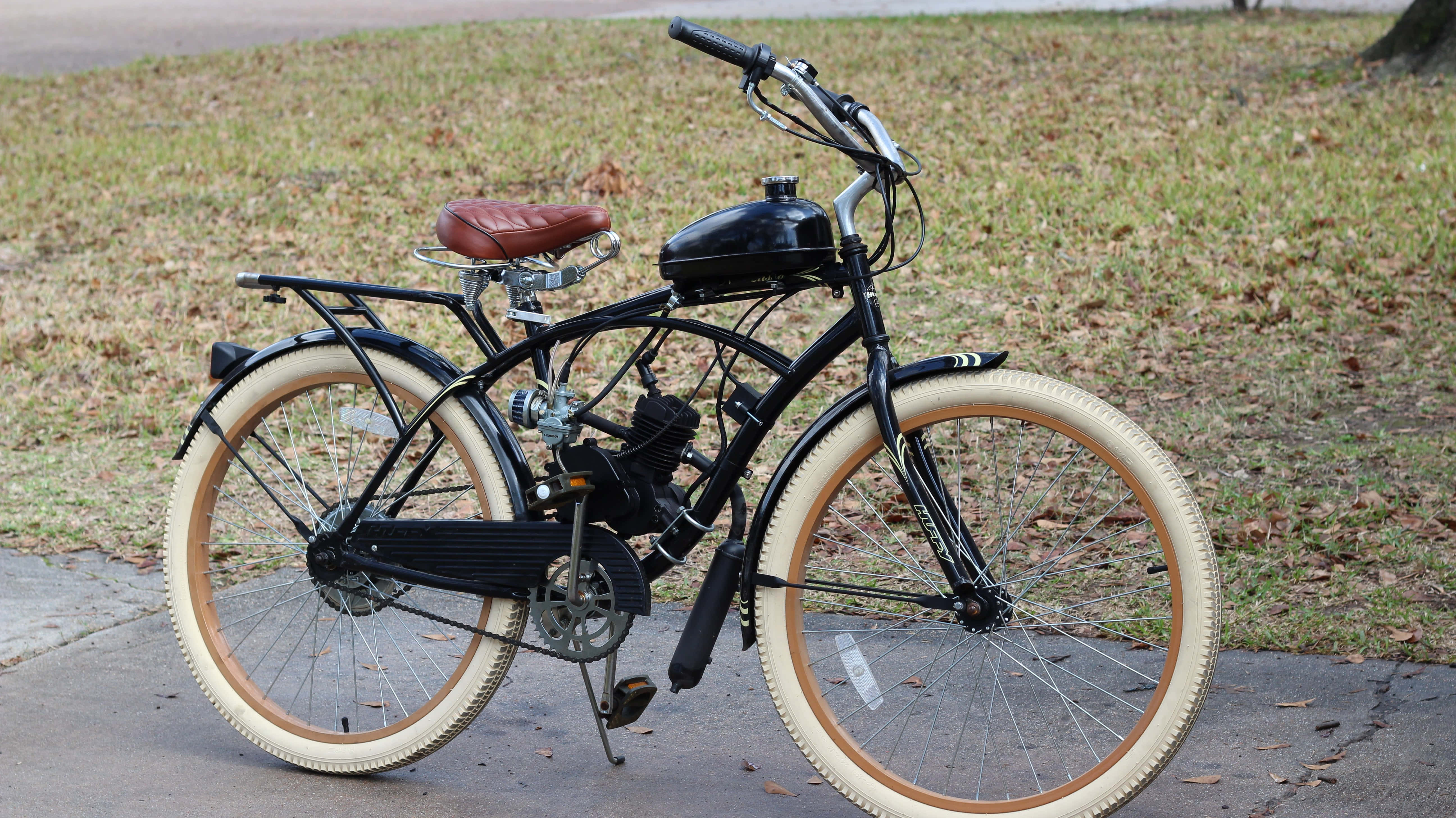 Beach Cruiser, vintage black motorized bicycle, cream tires, 5K Desktop Wallpaper