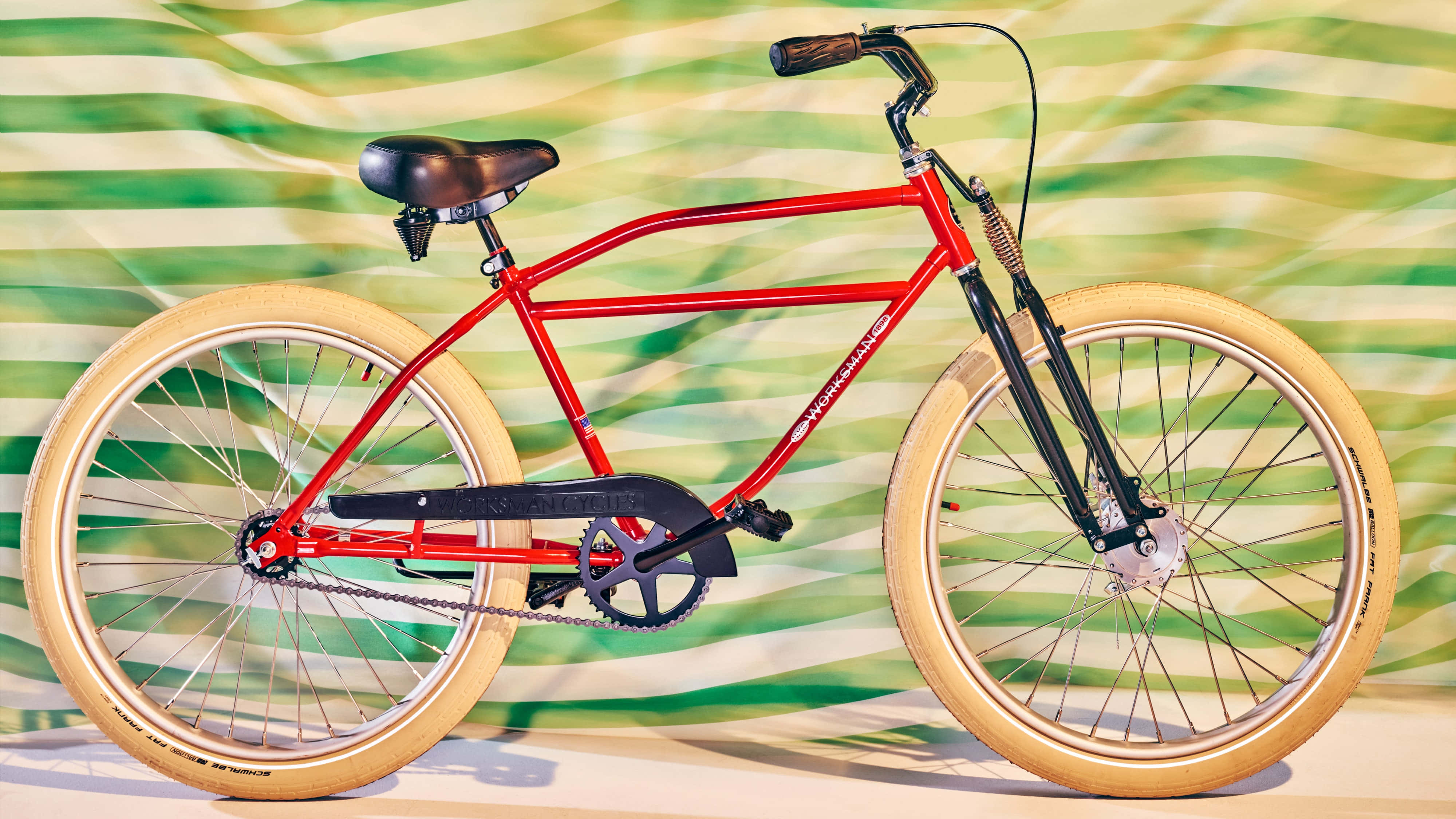 Beach Cruiser, vibrant red bicycle, cream tires, 4K Desktop Wallpaper