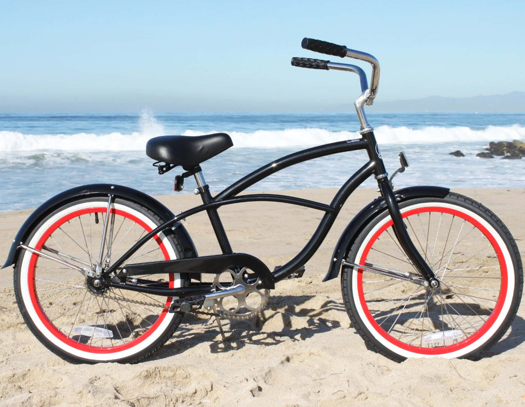 beach cruiser, black, red and white wheels, Full HD Desktop Wallpaper