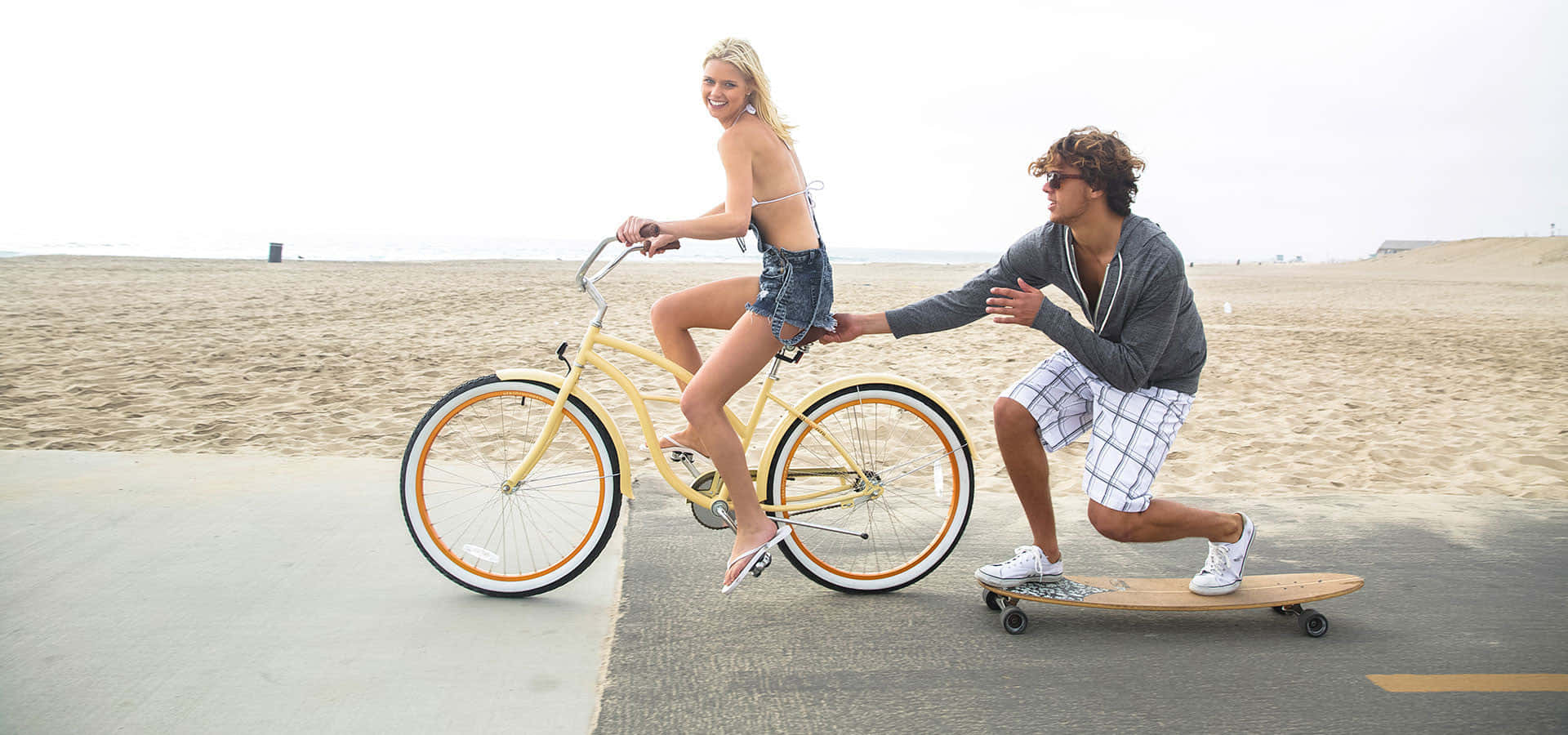 Beach Cruiser, yellow, sandy beach, Full HD Desktop Wallpaper