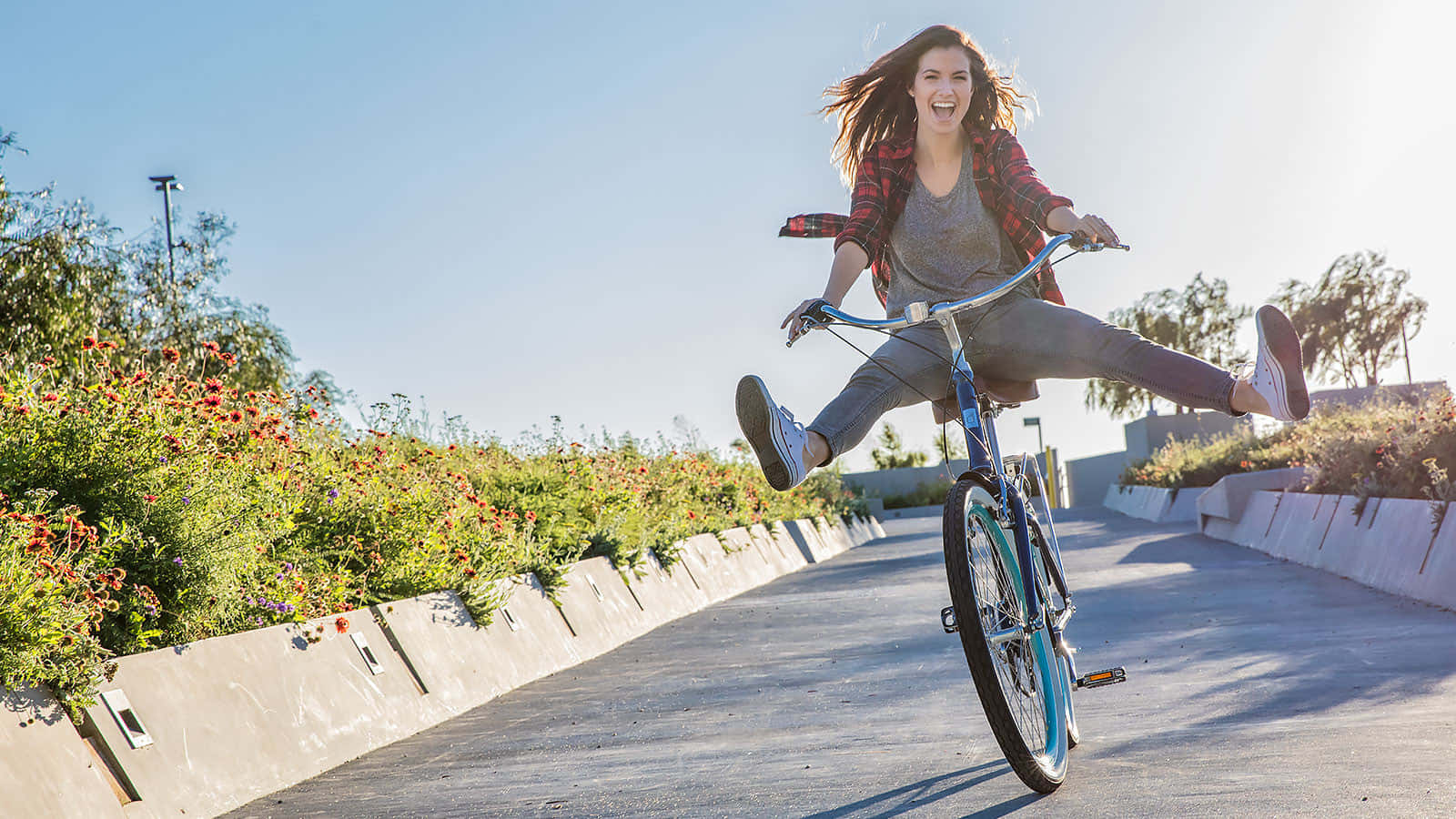 Beach Cruiser, blue bike, sunlit concrete path, HD Desktop Wallpaper