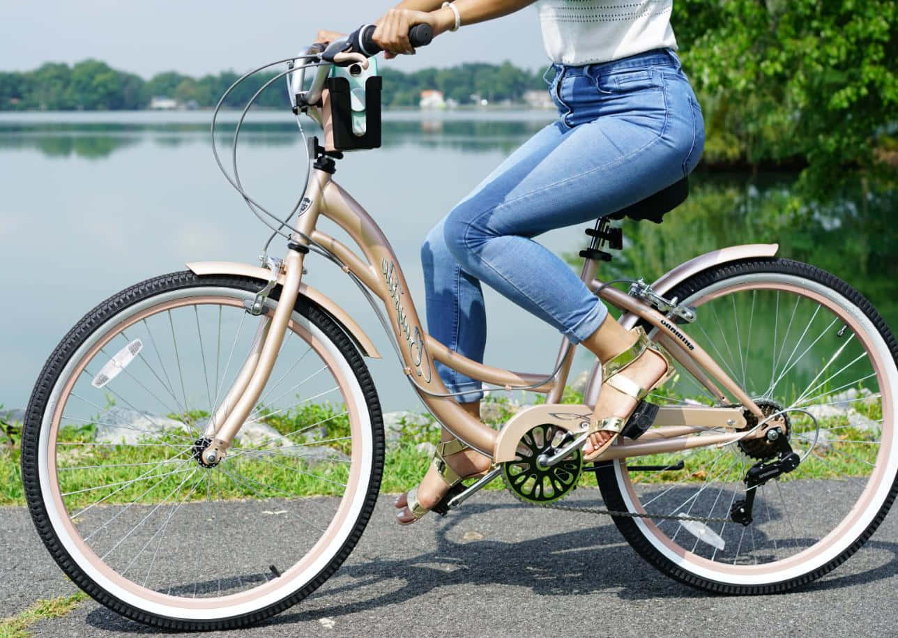 rose gold bicycle, lakeside path, lush green trees, HD Desktop Wallpaper