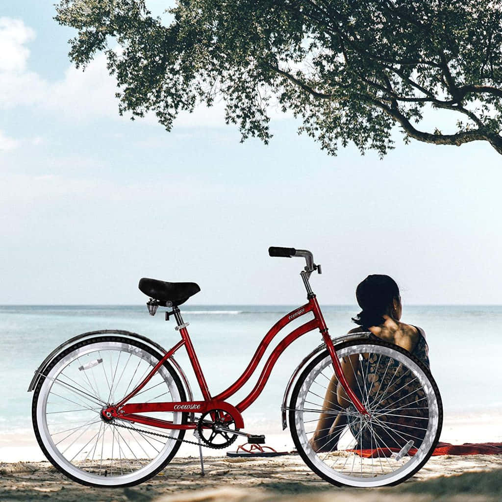 Beach Cruiser, red bicycle, sandy beach, SD Desktop Wallpaper