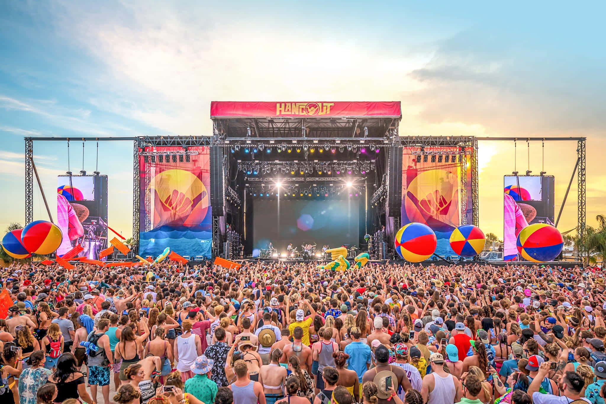 Beach Dance Party, sunset sky, outdoor music festival, Full HD Desktop Wallpaper