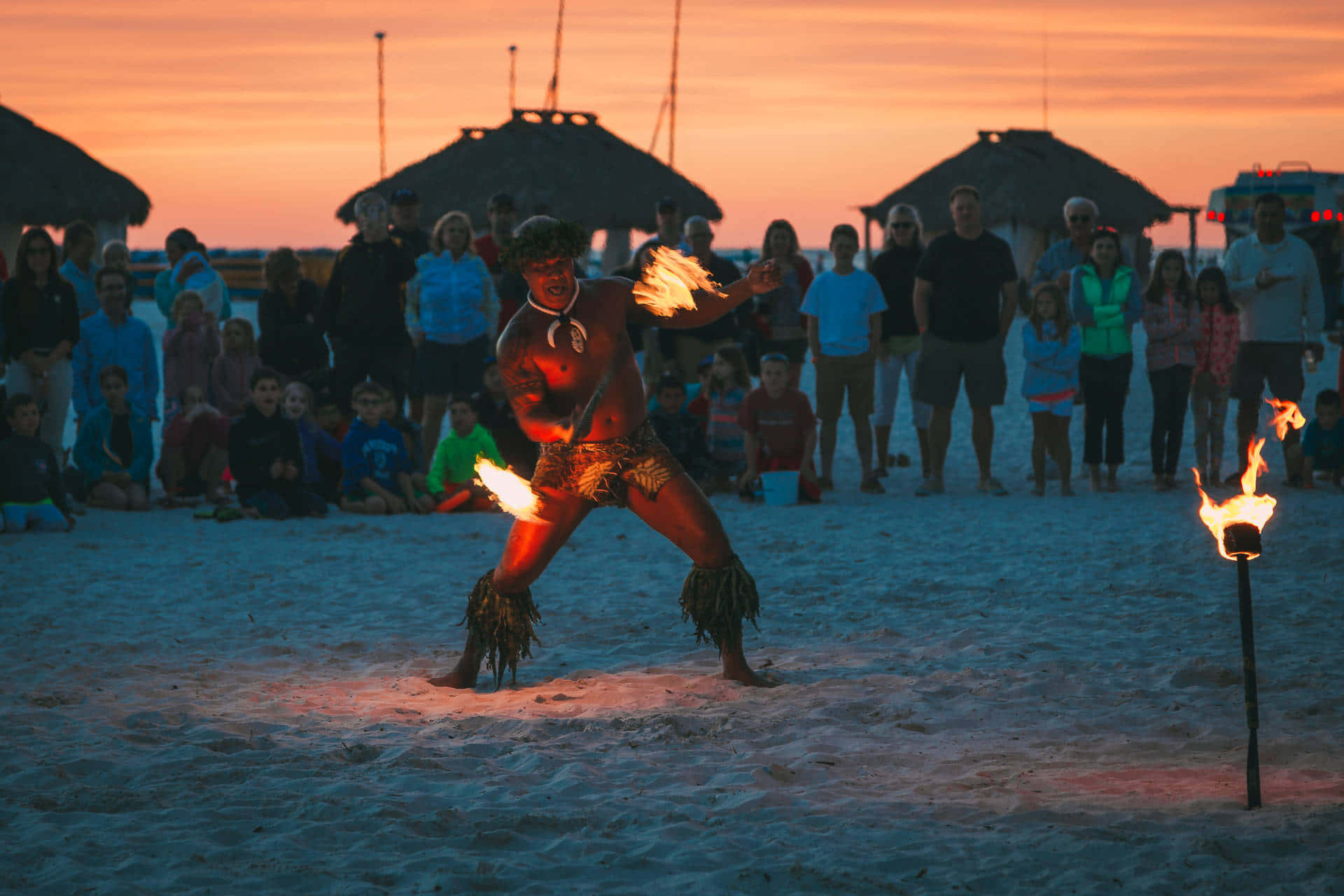 Beach Party, sunset sky, fire dancer, Full HD Desktop Wallpaper