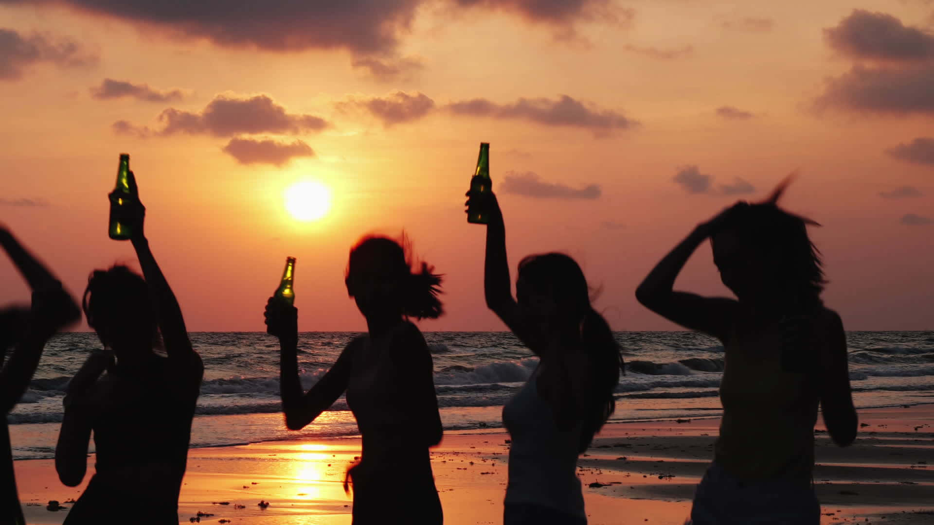 Beach Party, fiery sunset, ocean, Full HD Desktop Wallpaper
