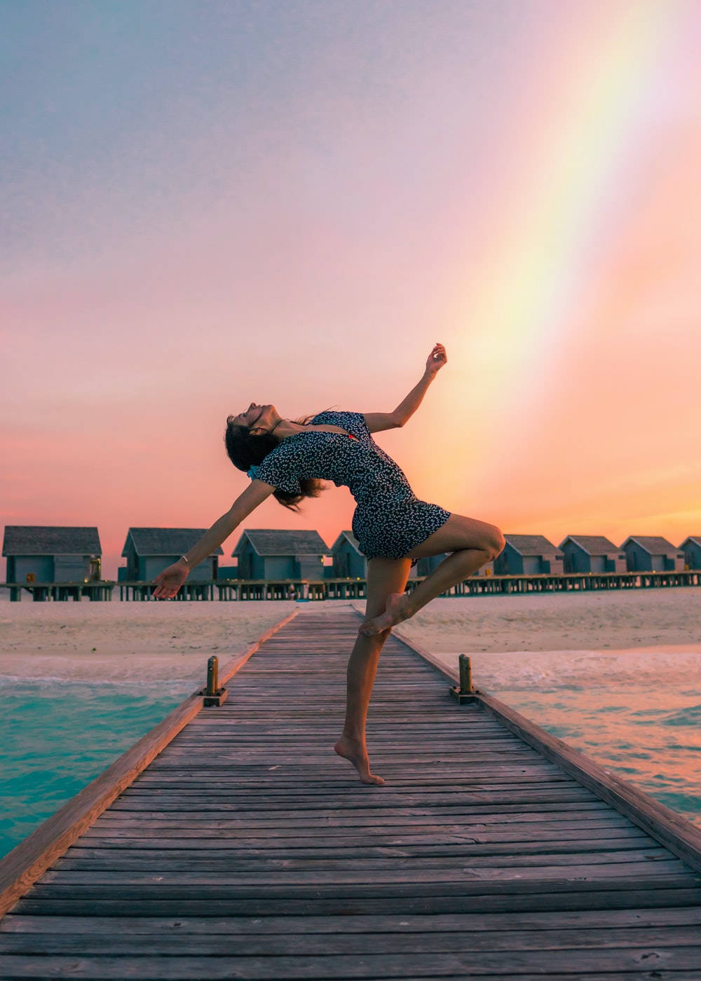 wooden pier, sunset, overwater bungalows, HD Phone Wallpaper