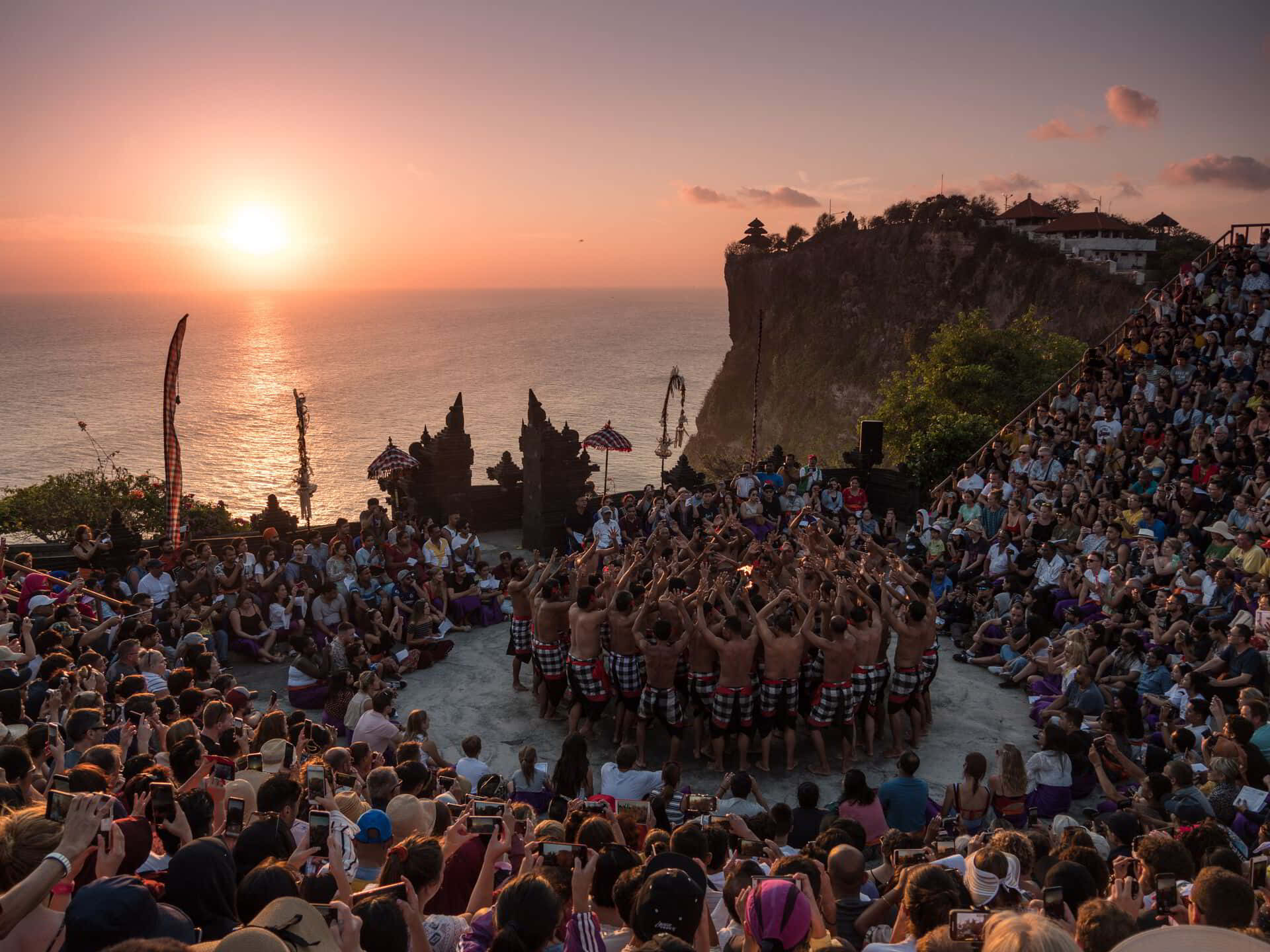 Balinese fire dance, sunset, cliffside, Full HD Desktop Wallpaper