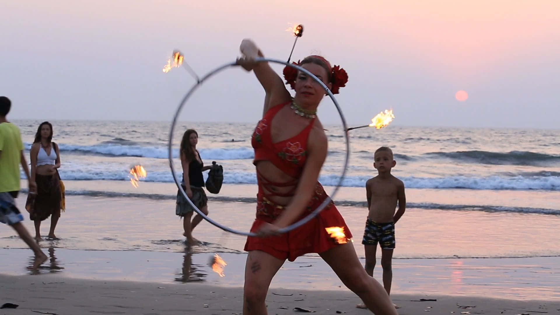 beach, sunset, flaming hoop, Full HD Desktop Wallpaper