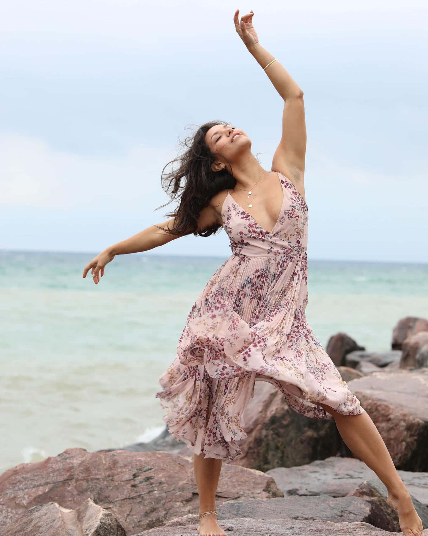 Beachside Dance Freedom, floral dress, rocky seaside cliffs, HD Phone Wallpaper