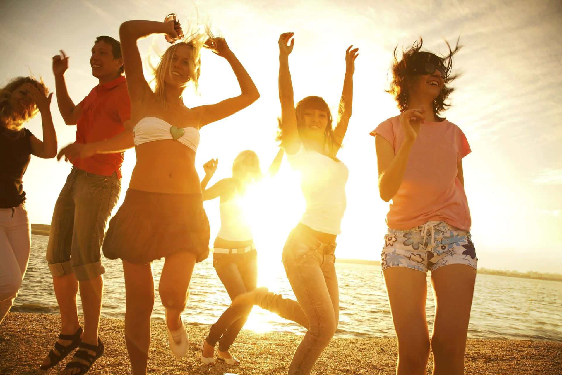Beach Dance Party, golden sunset, beach, Full HD Desktop Wallpaper