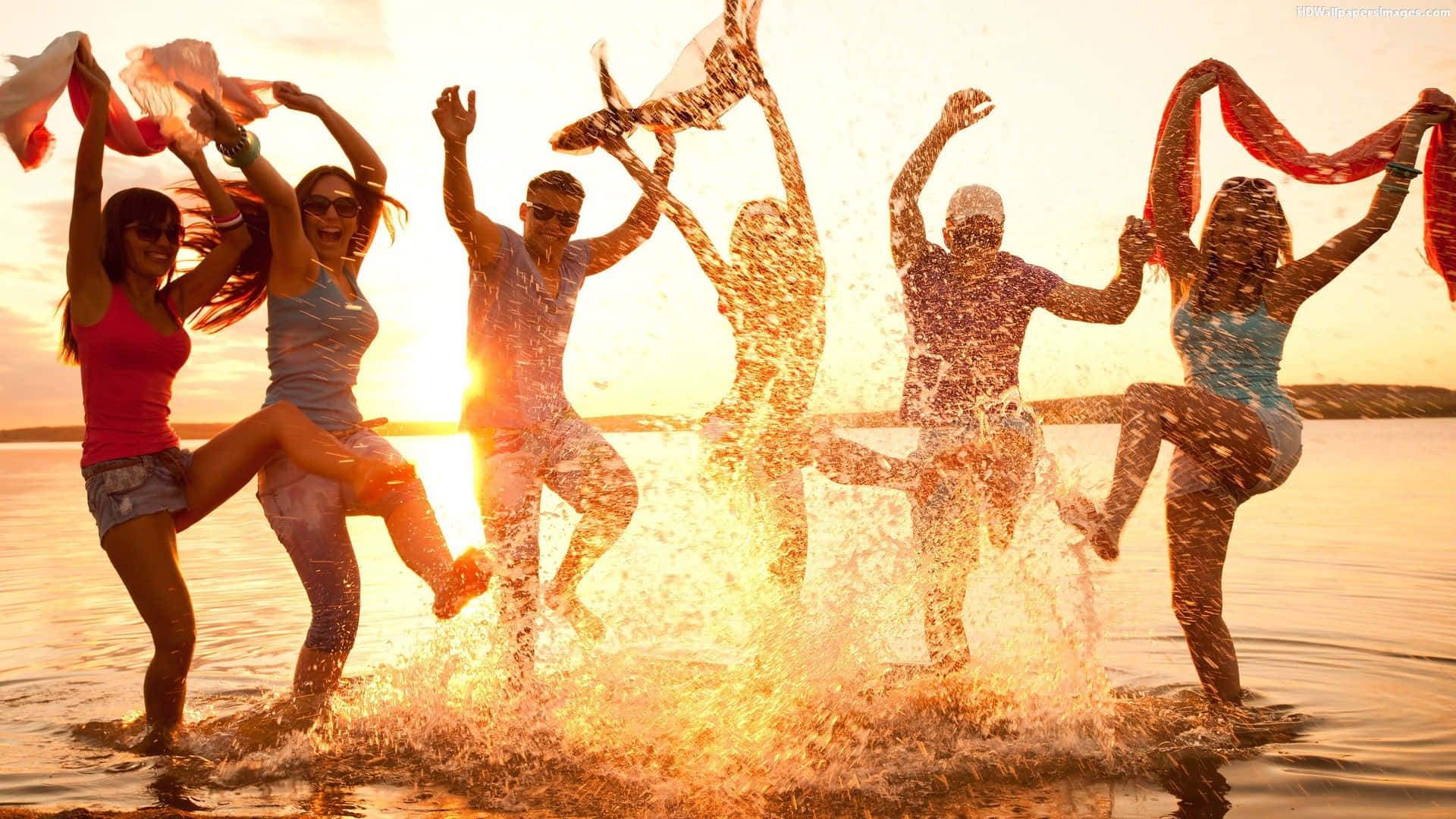 Beach Dance Party, golden sunset, joyfully splash, Full HD Desktop Wallpaper