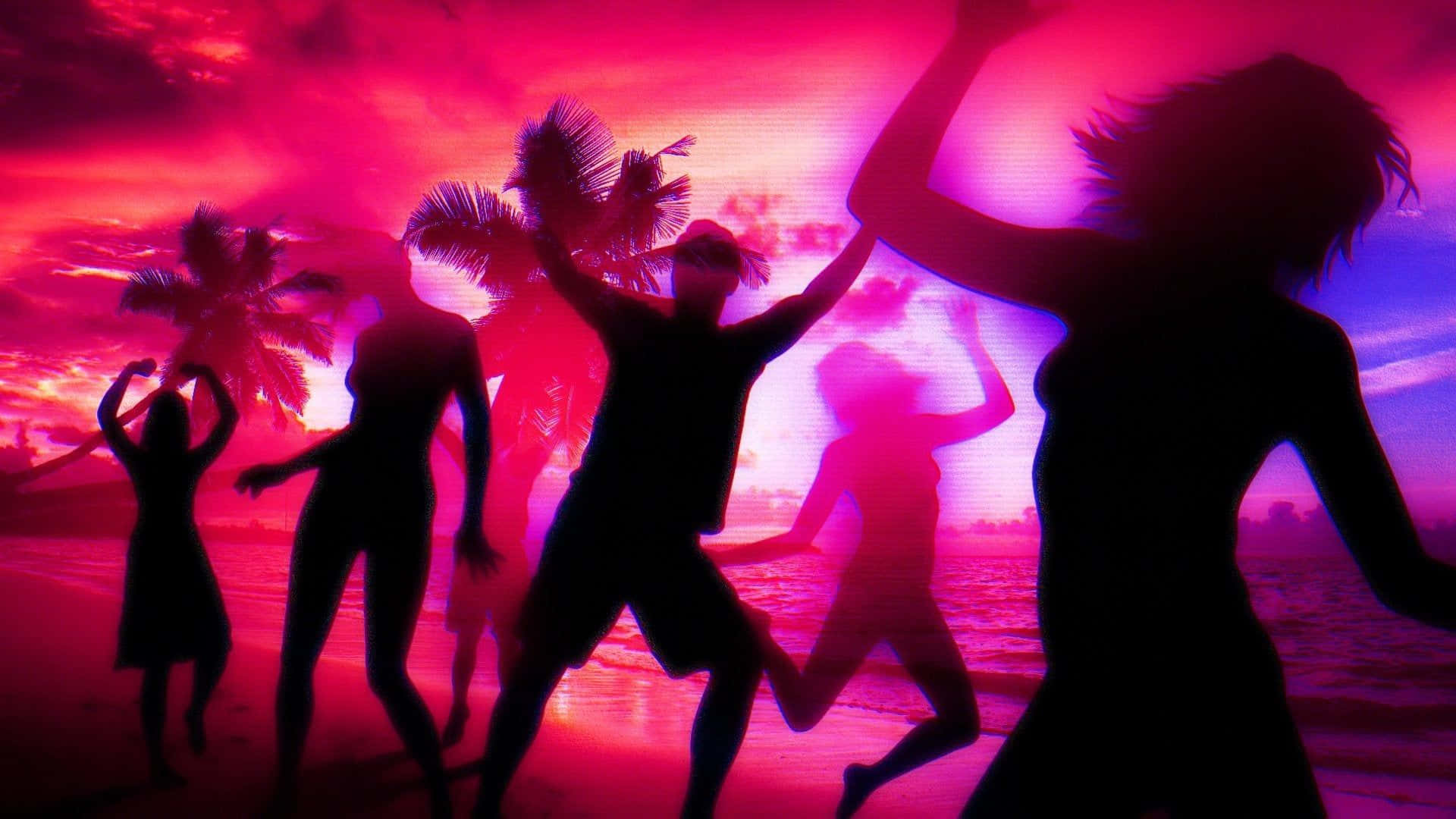 Beach Dance Party, pink and purple sunset sky, palm trees, Full HD Desktop Wallpaper