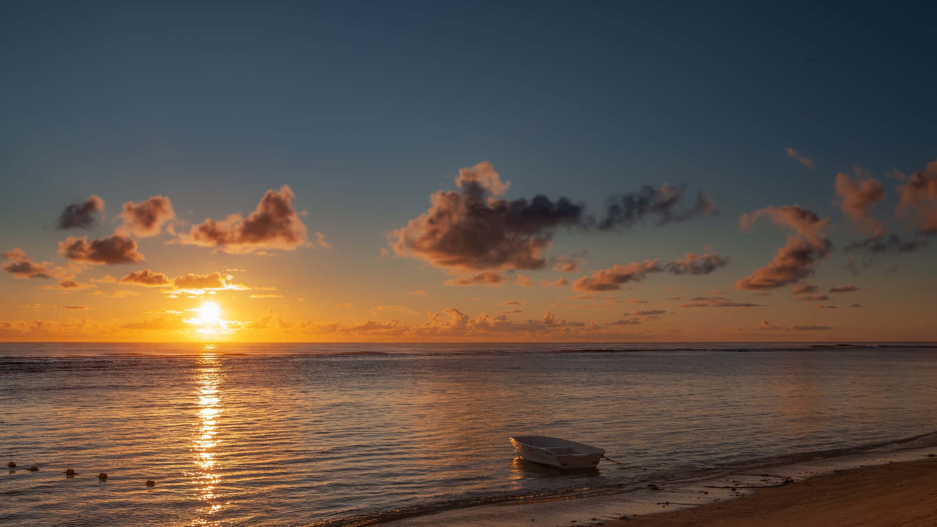 white boat, sandy shore, sun sets, Full HD Desktop Wallpaper