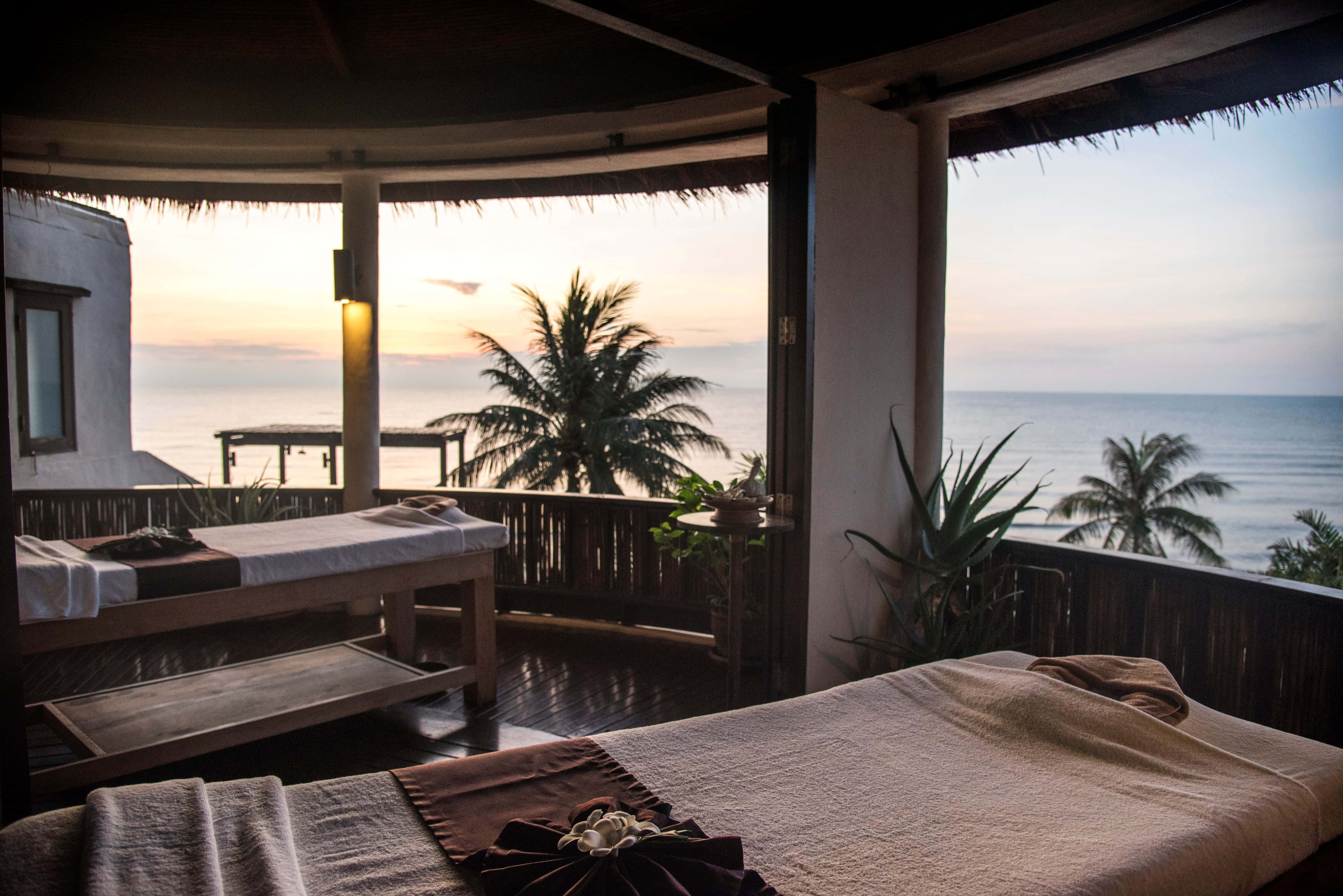 beach daybed 5000 x 3337, thatched-roof balcony, ocean sunset, 4K Desktop Wallpaper