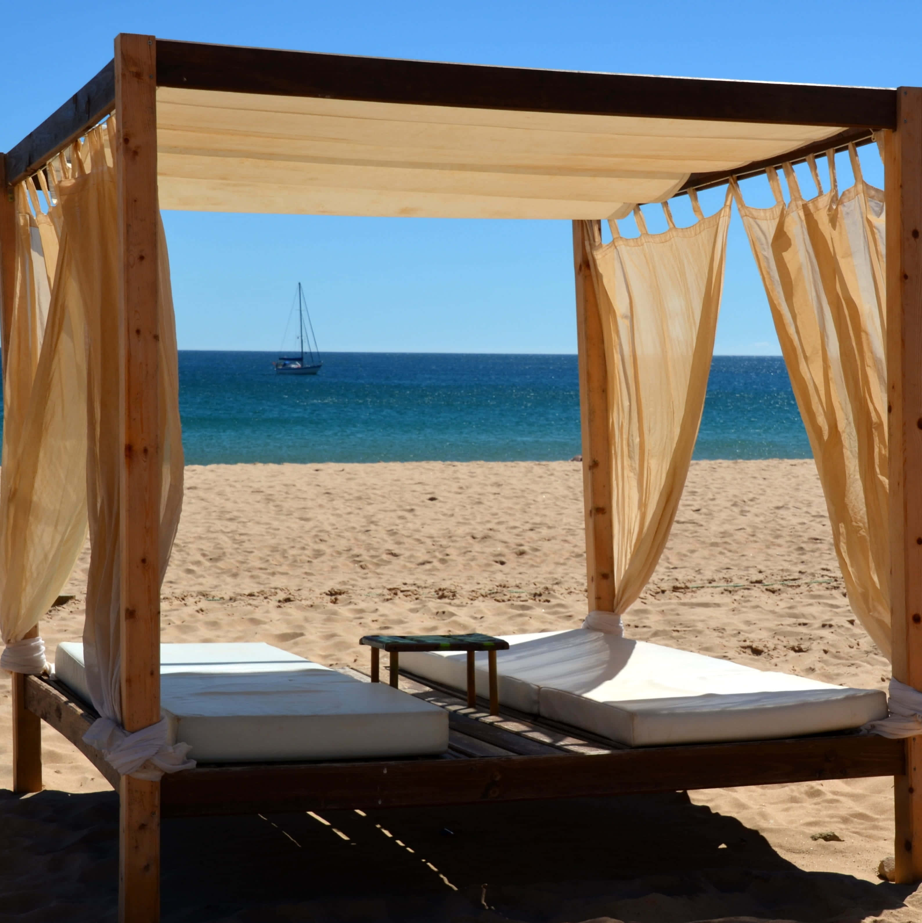 beach daybed, wooden cabana, beige curtains, 2K Phone Wallpaper