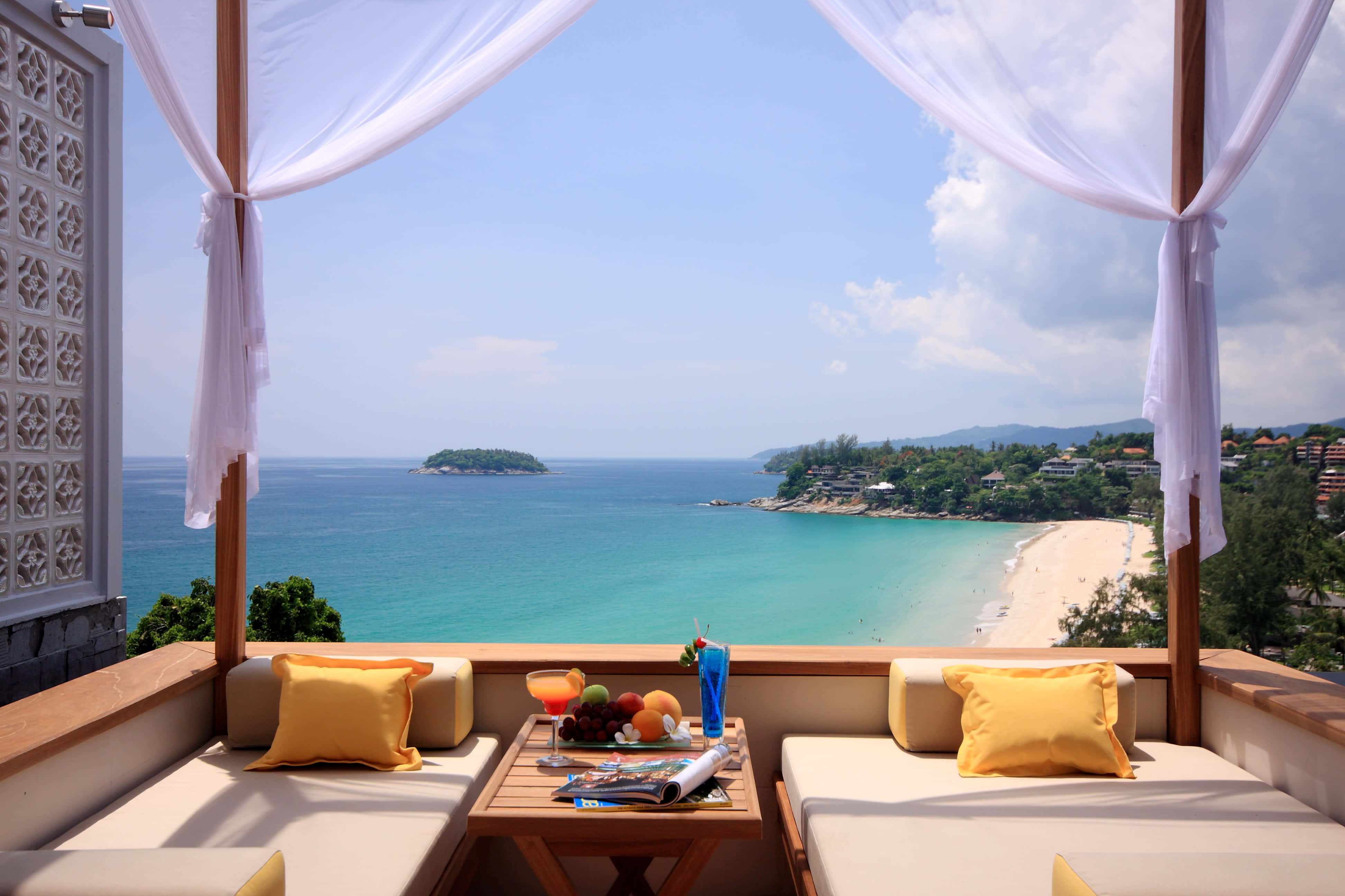 beach daybed, turquoise ocean, sandy beach, 4K Desktop Wallpaper