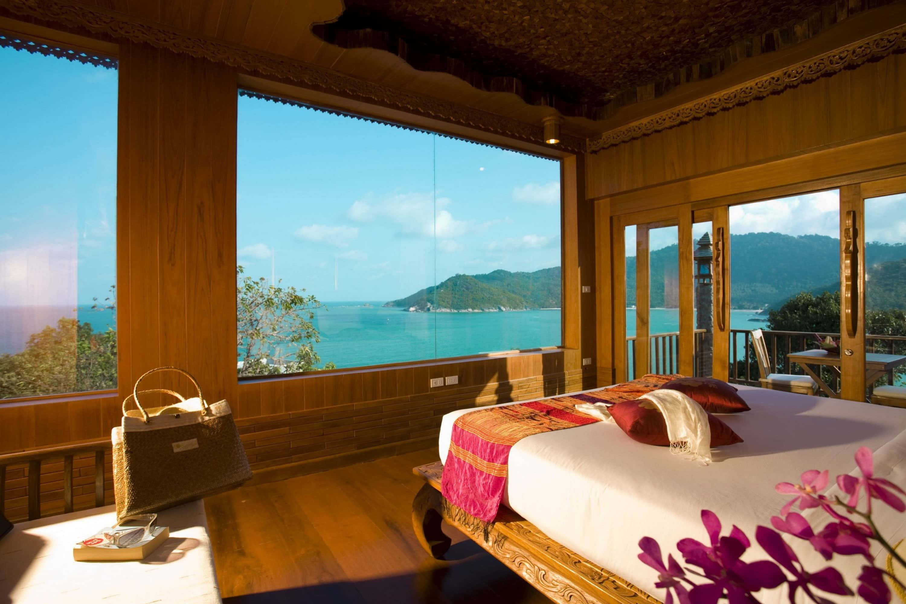 beach daybed 3000 x 2000, Luxurious wooden bedroom, ocean view, 2K Desktop Wallpaper