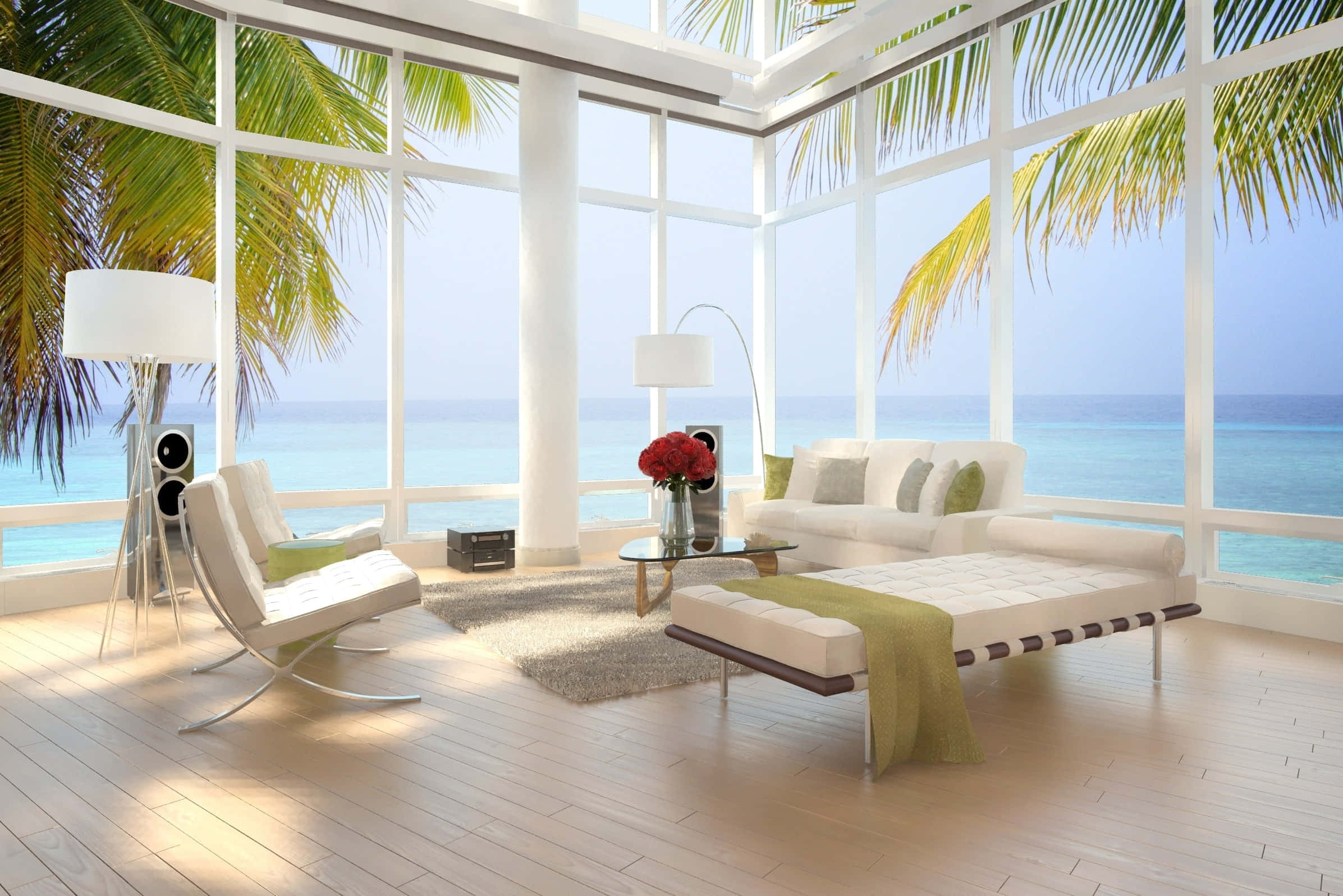 beach daybed, turquoise ocean, floor-to-ceiling windows, Full HD Desktop Wallpaper