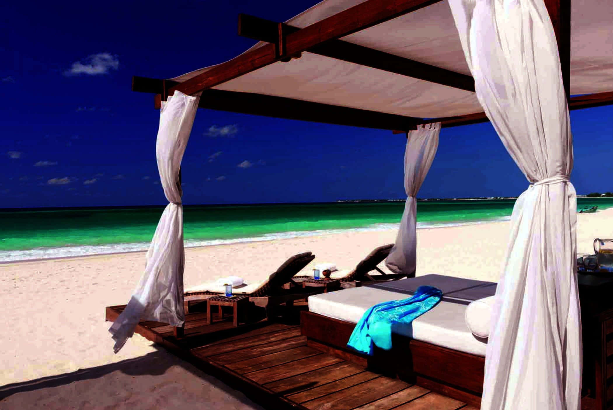beach daybed, turquoise ocean waves, pristine white sand beach, Full HD Desktop Wallpaper