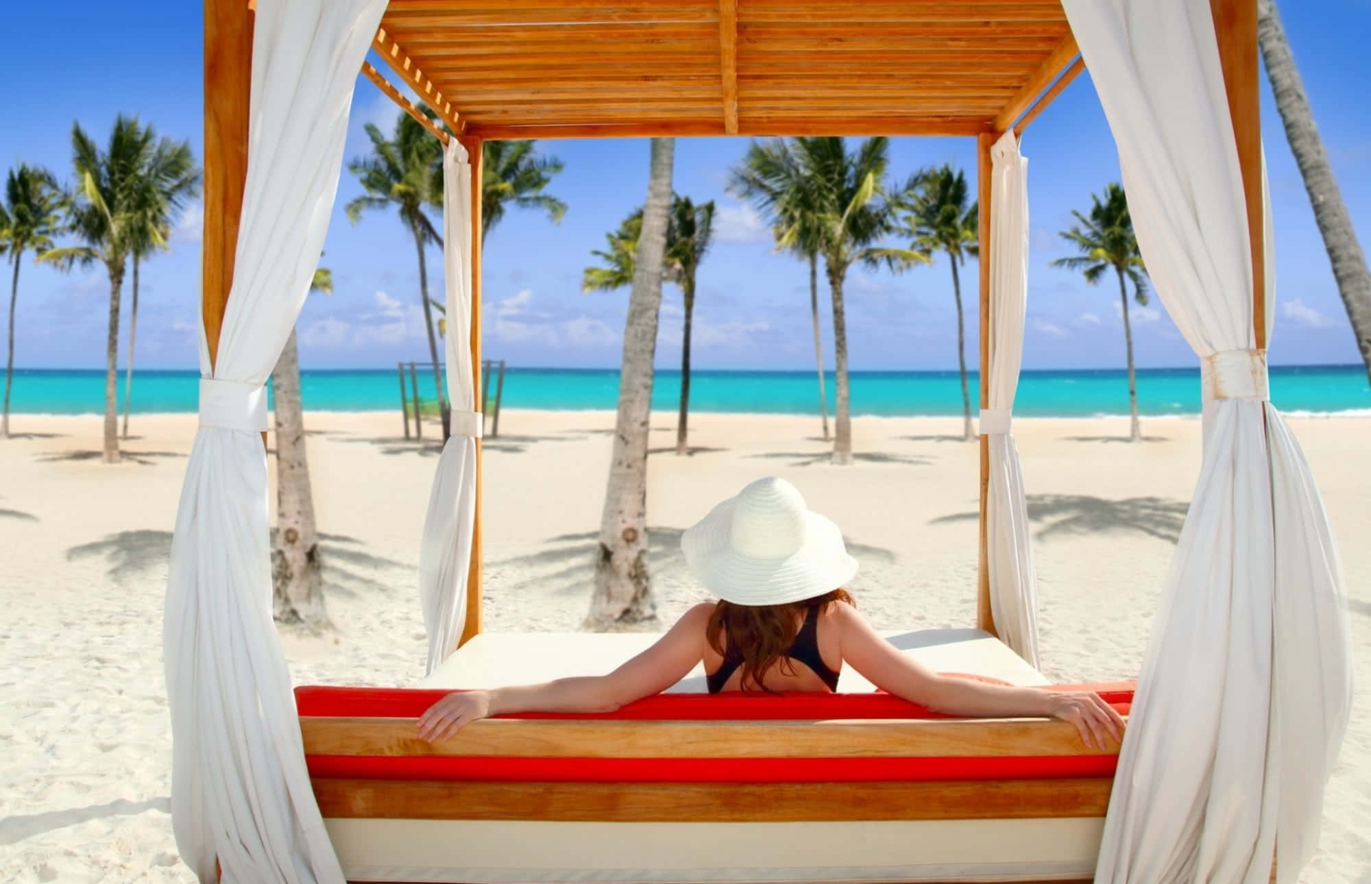 beach daybed, wooden cabana bed, turquoise ocean, Full HD Desktop Wallpaper