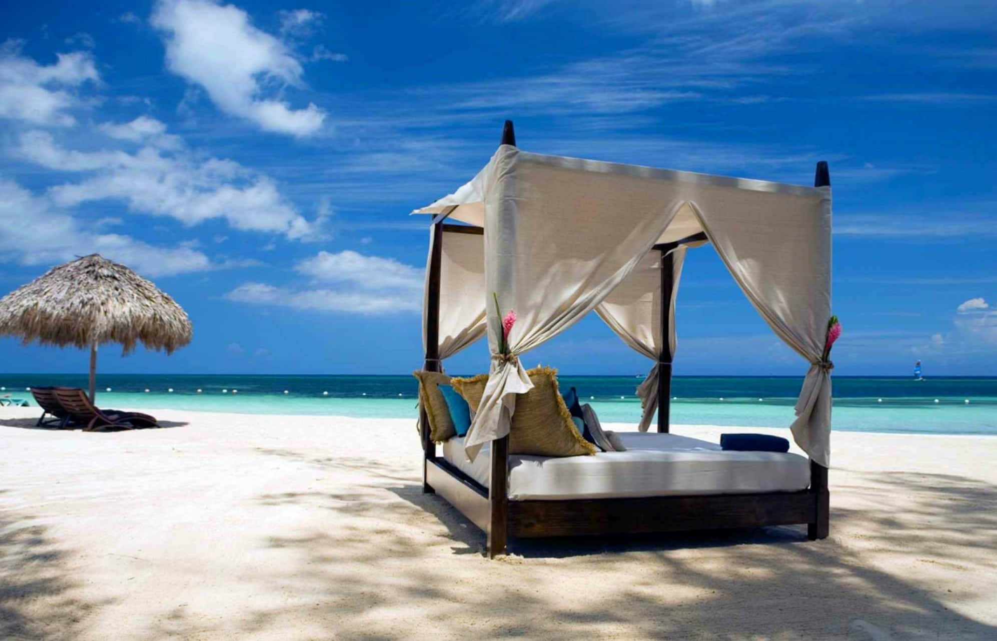 beach daybed 1993, white sand beach, vibrant blue sky, Full HD Desktop Wallpaper