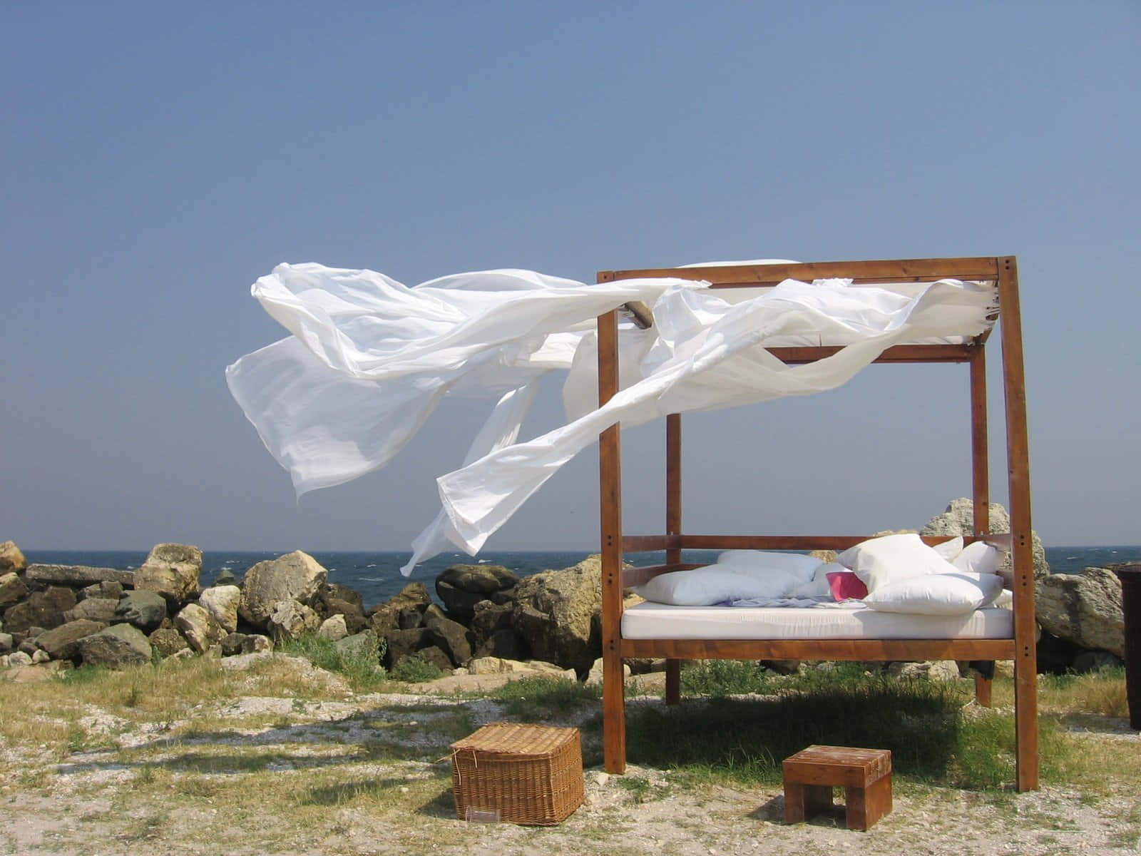 beach daybed, wooden daybed, white canopy, HD Desktop Wallpaper