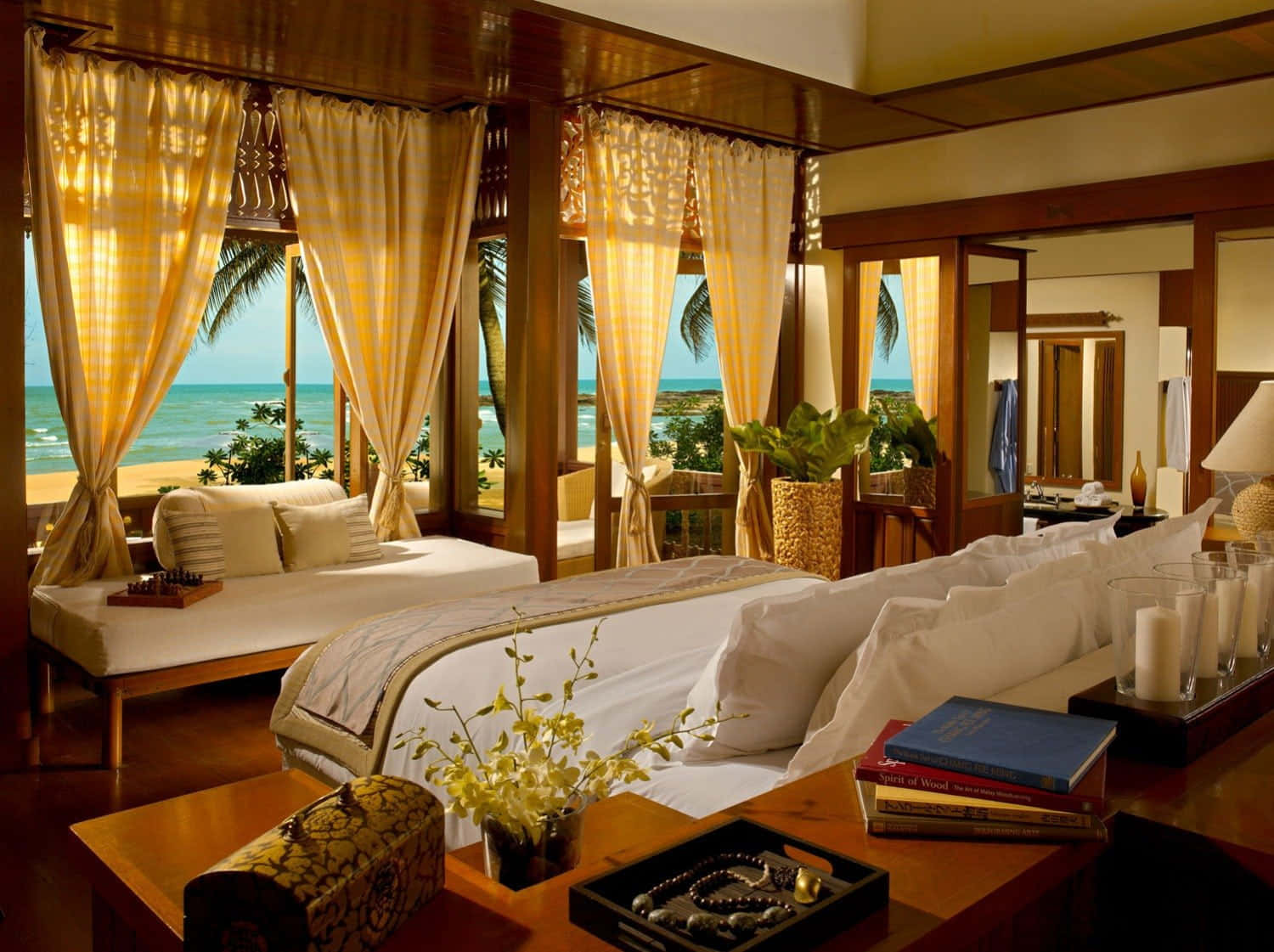 beach daybed, ocean view, sheer curtains, HD Desktop Wallpaper