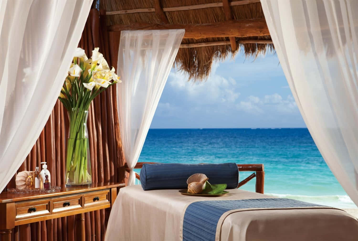 beach daybed, turquoise ocean, white curtains, HD Desktop Wallpaper