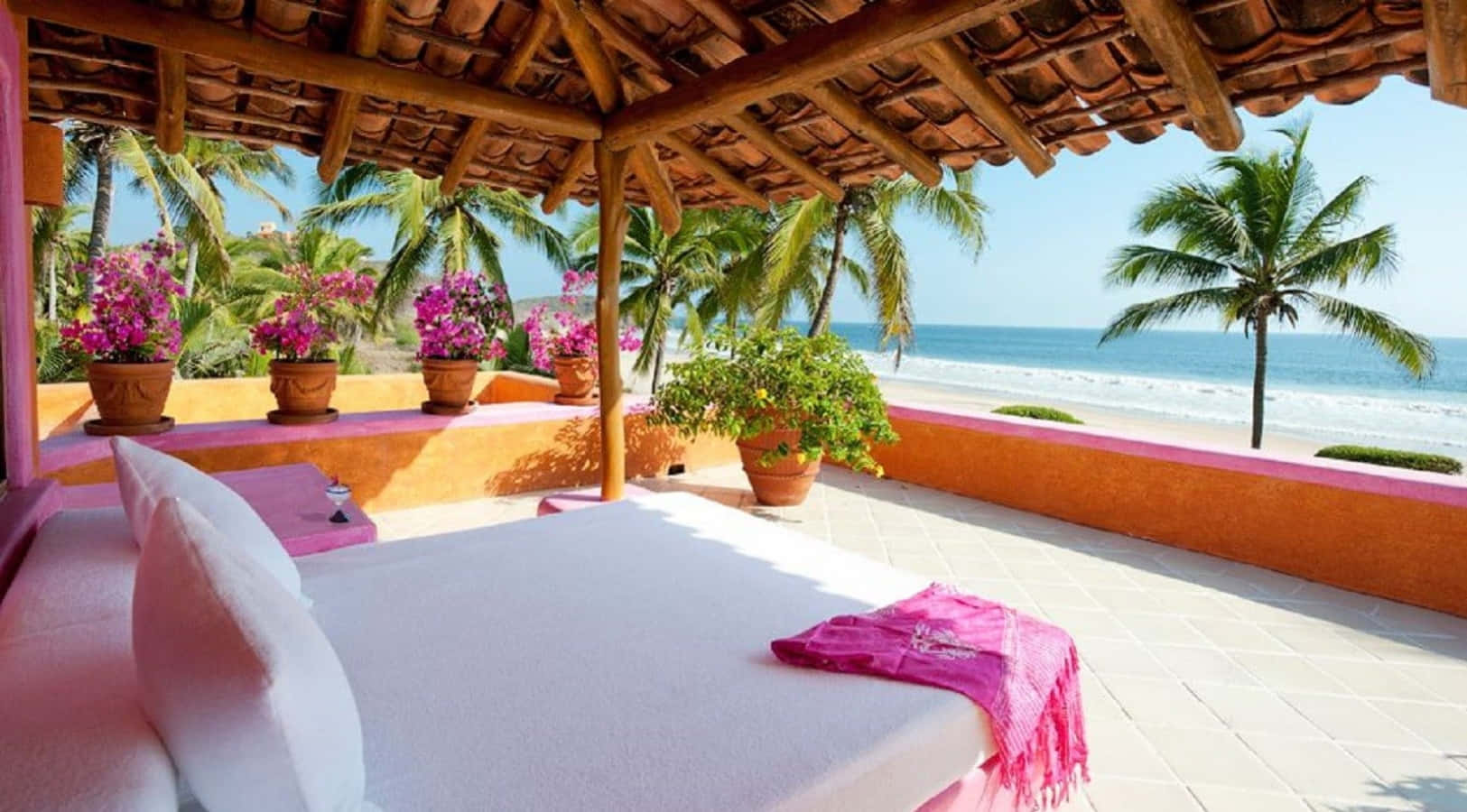 beach daybed, pink, orange, HD Desktop Wallpaper