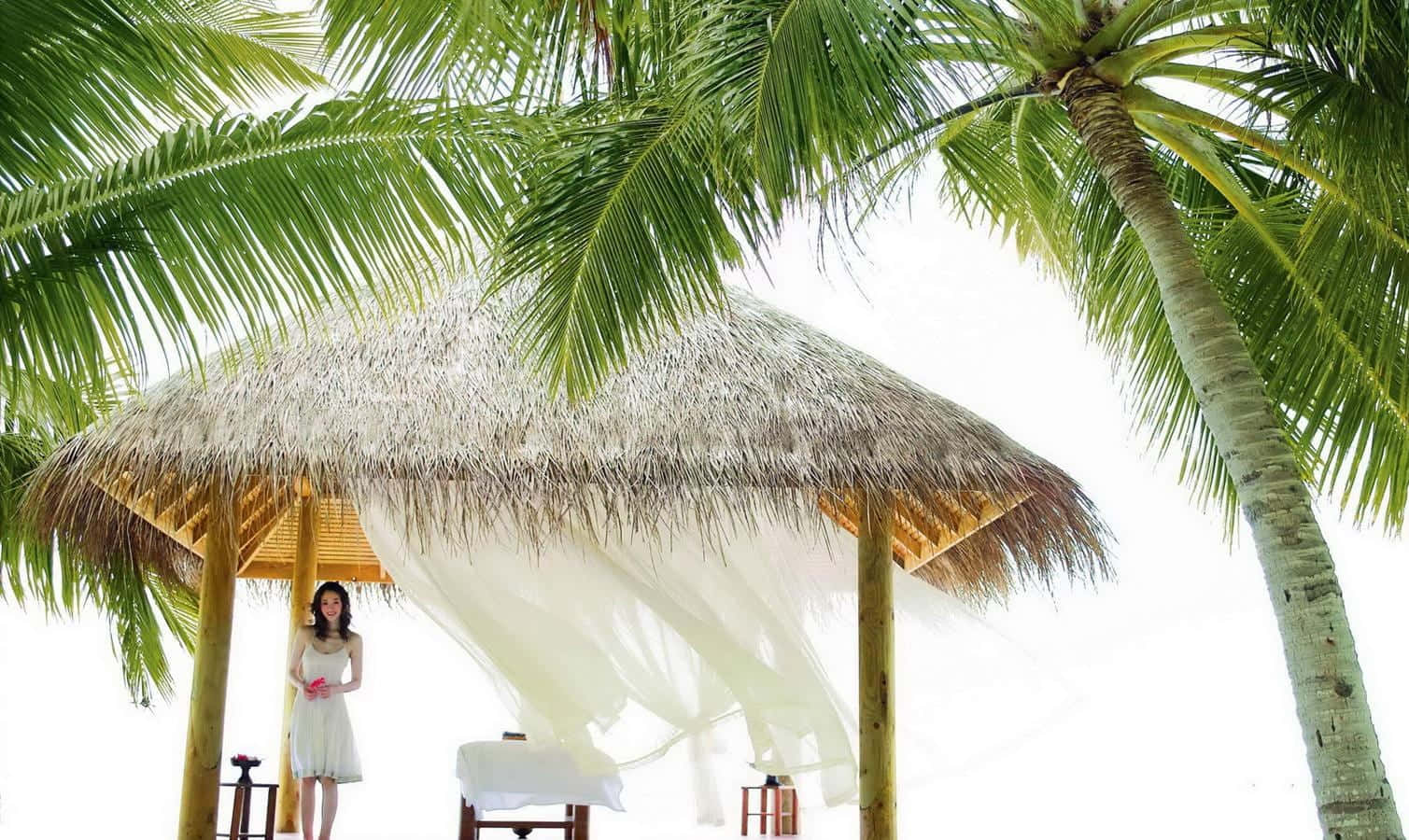 beach daybed, thatched palm tree gazebo, white dress, HD Desktop Wallpaper
