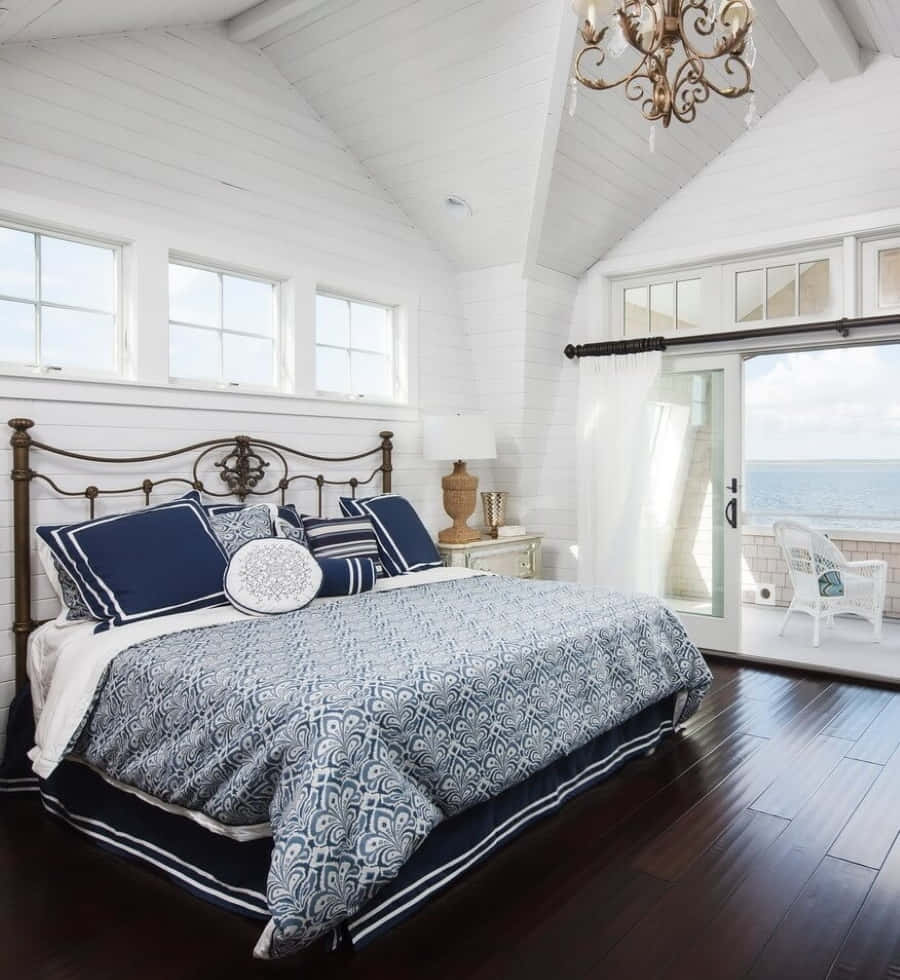 beach daybed, white shiplap walls, dark wood floors, SD Phone Wallpaper