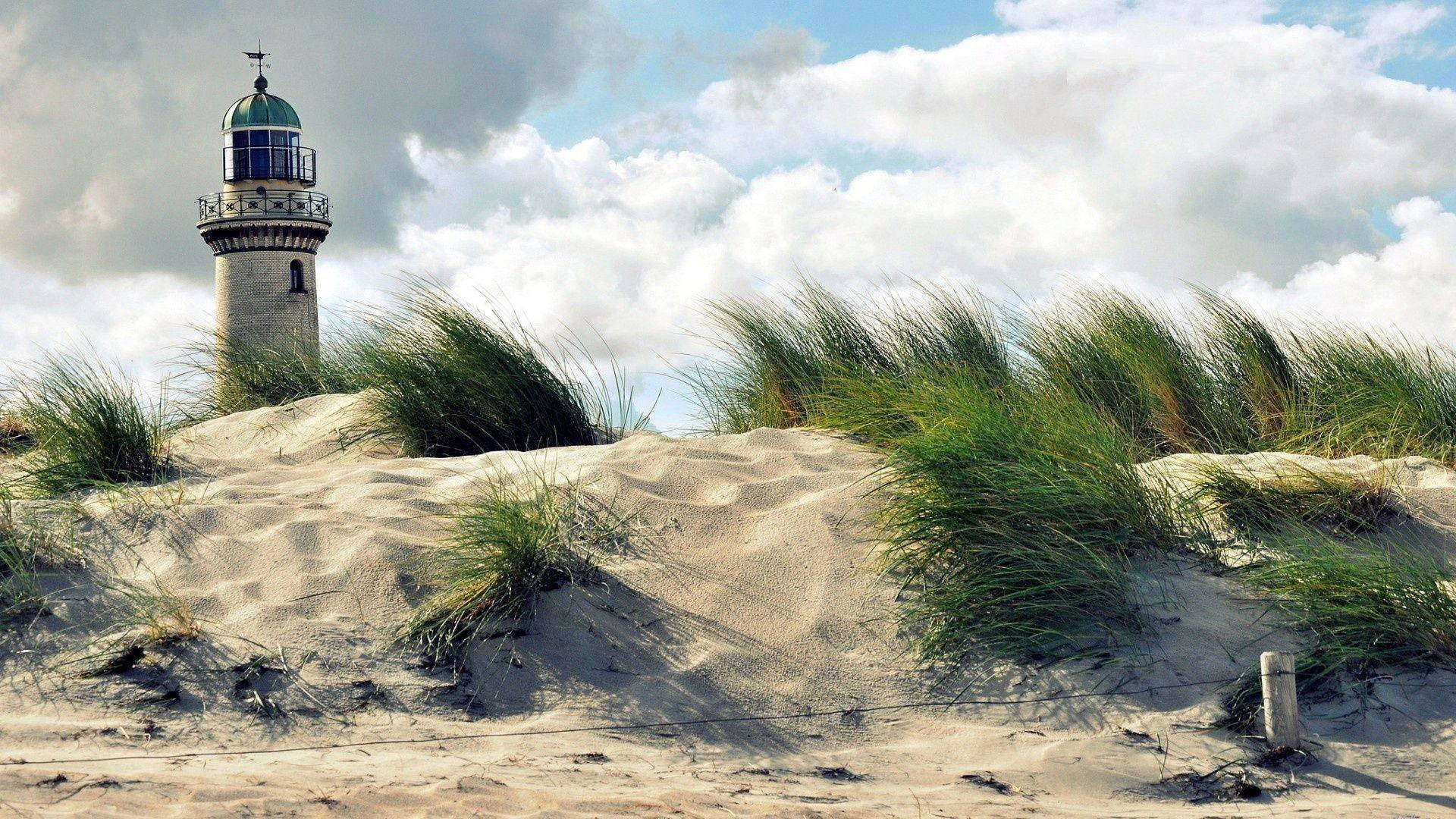 sandy lighthouse, stone lighthouse, sandy dunes, Full HD Desktop Wallpaper