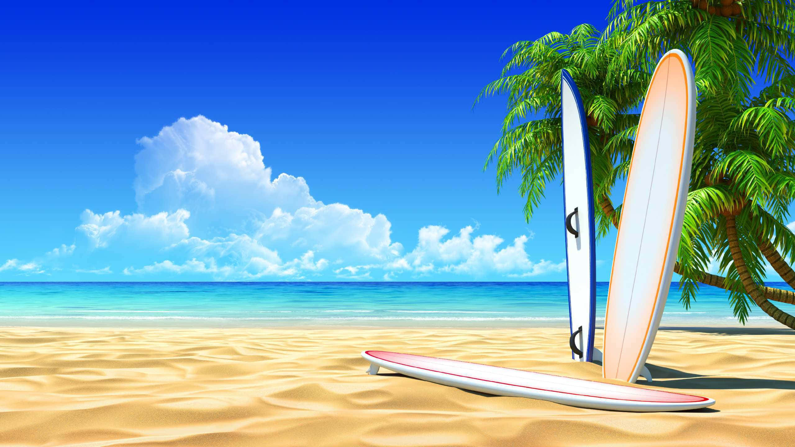 surfboard, palm trees, golden beach, 2K Desktop Wallpaper