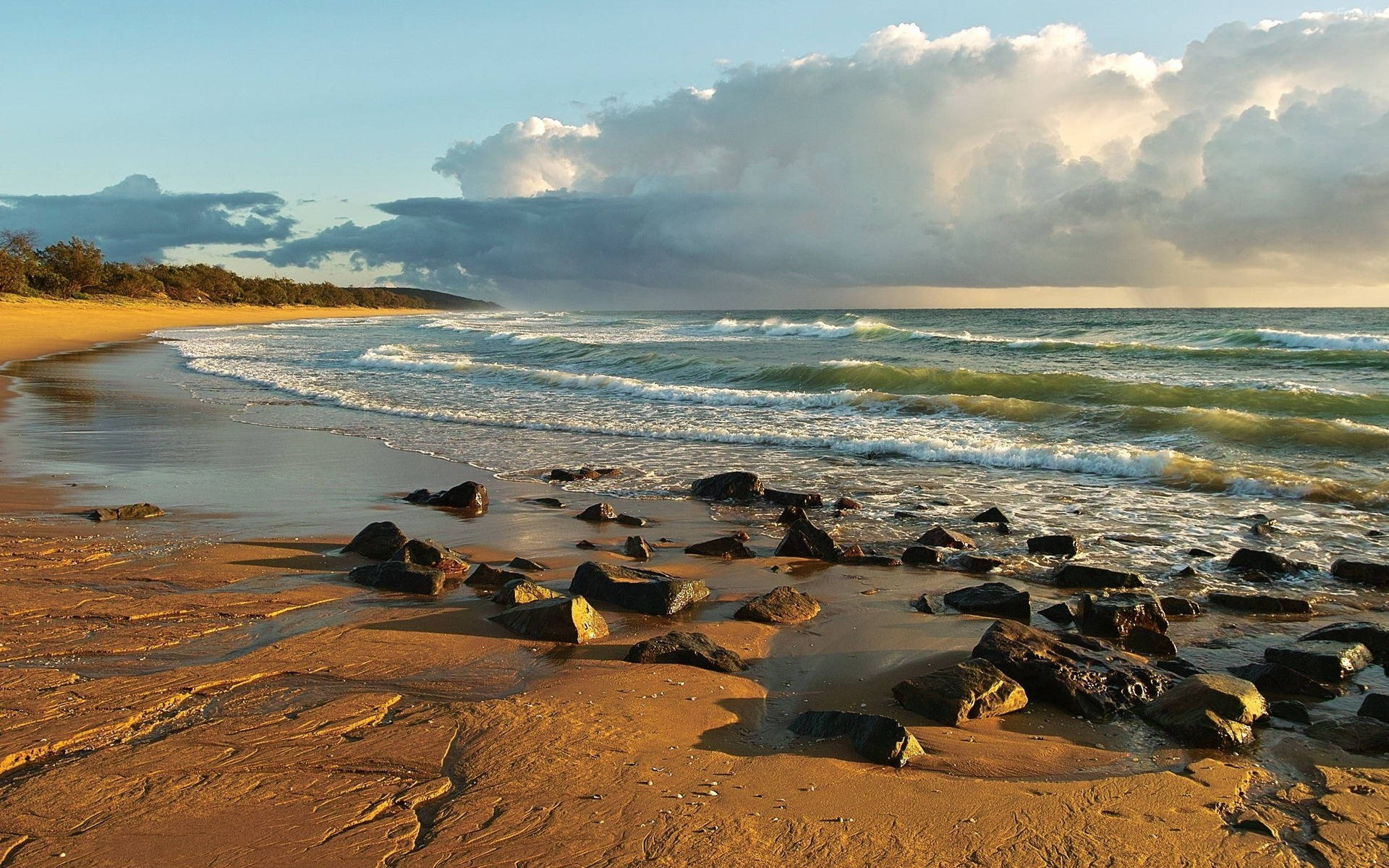 Rocky Shoreline, Golden sunset, Waves, Full HD Desktop Wallpaper