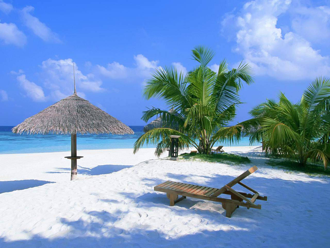 white sand, turquoise water, palm trees, HD Desktop Wallpaper