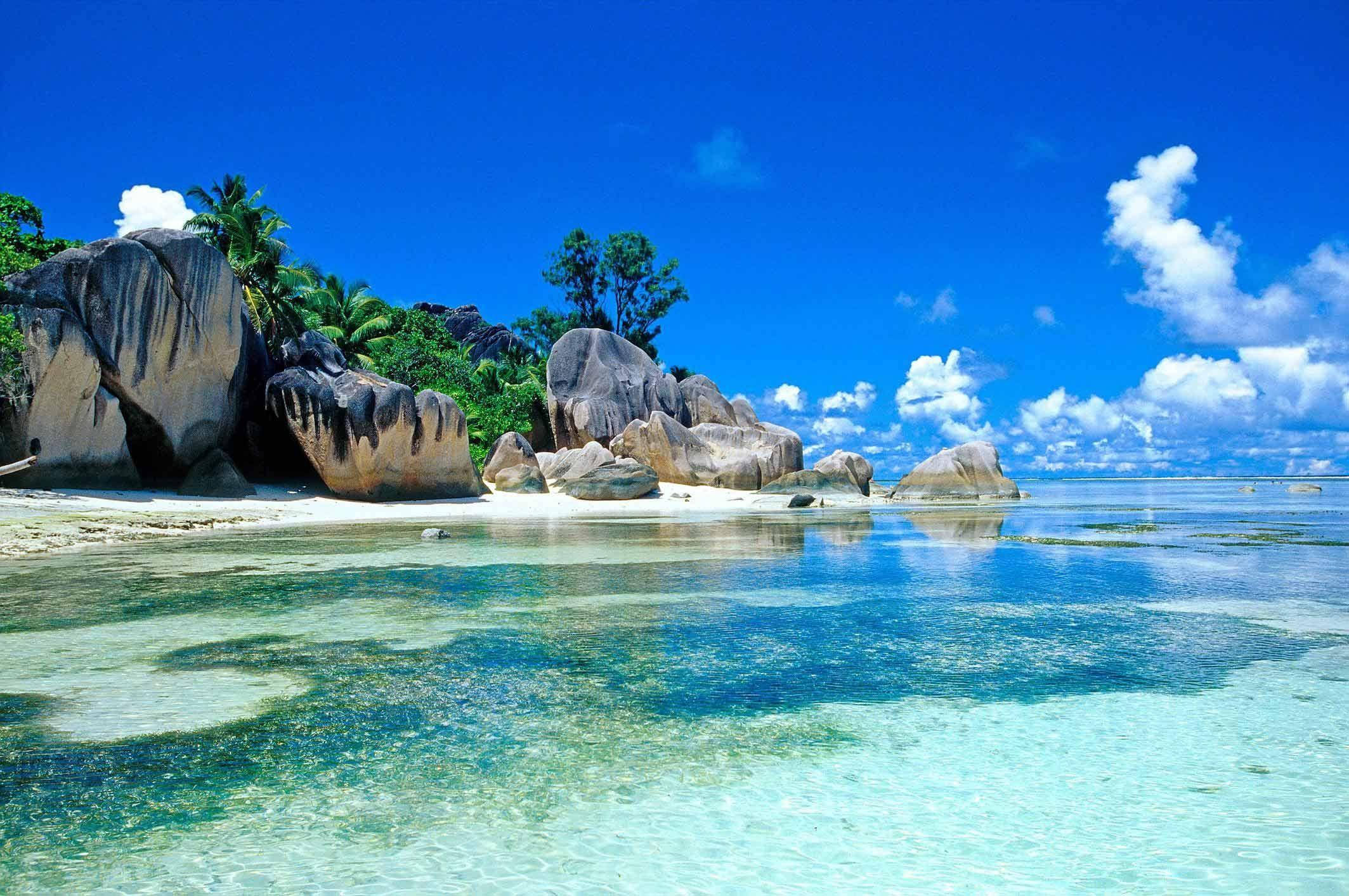turquoise waters, white sand beach, granite boulders, Full HD Desktop Wallpaper
