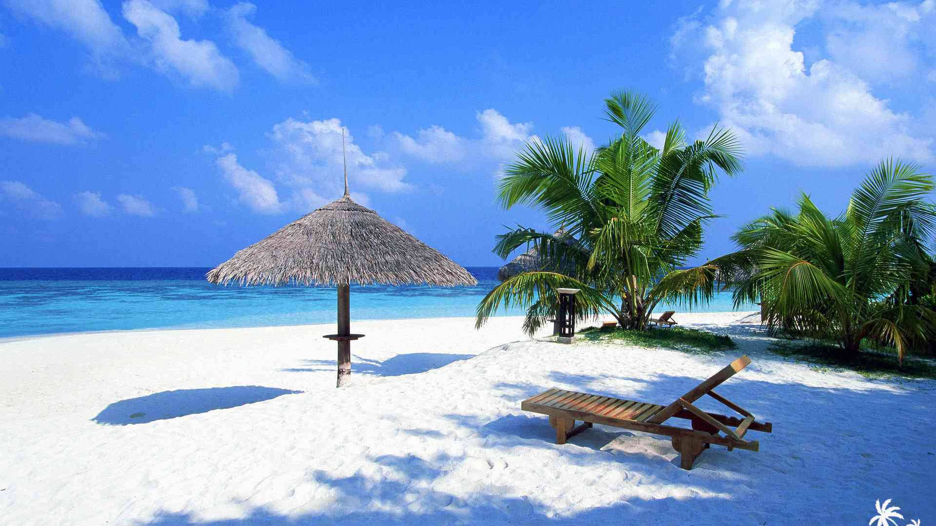 chair, hut, tropical beach, Full HD Desktop Wallpaper