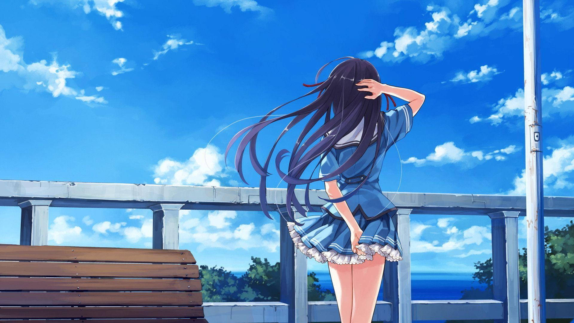 anime girl, beach, balcony, Full HD Desktop Wallpaper