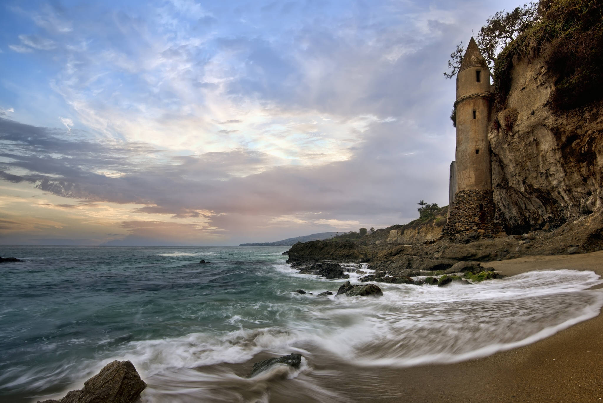 dusk beach desktop, stone tower, rugged cliffside, Full HD Desktop Wallpaper