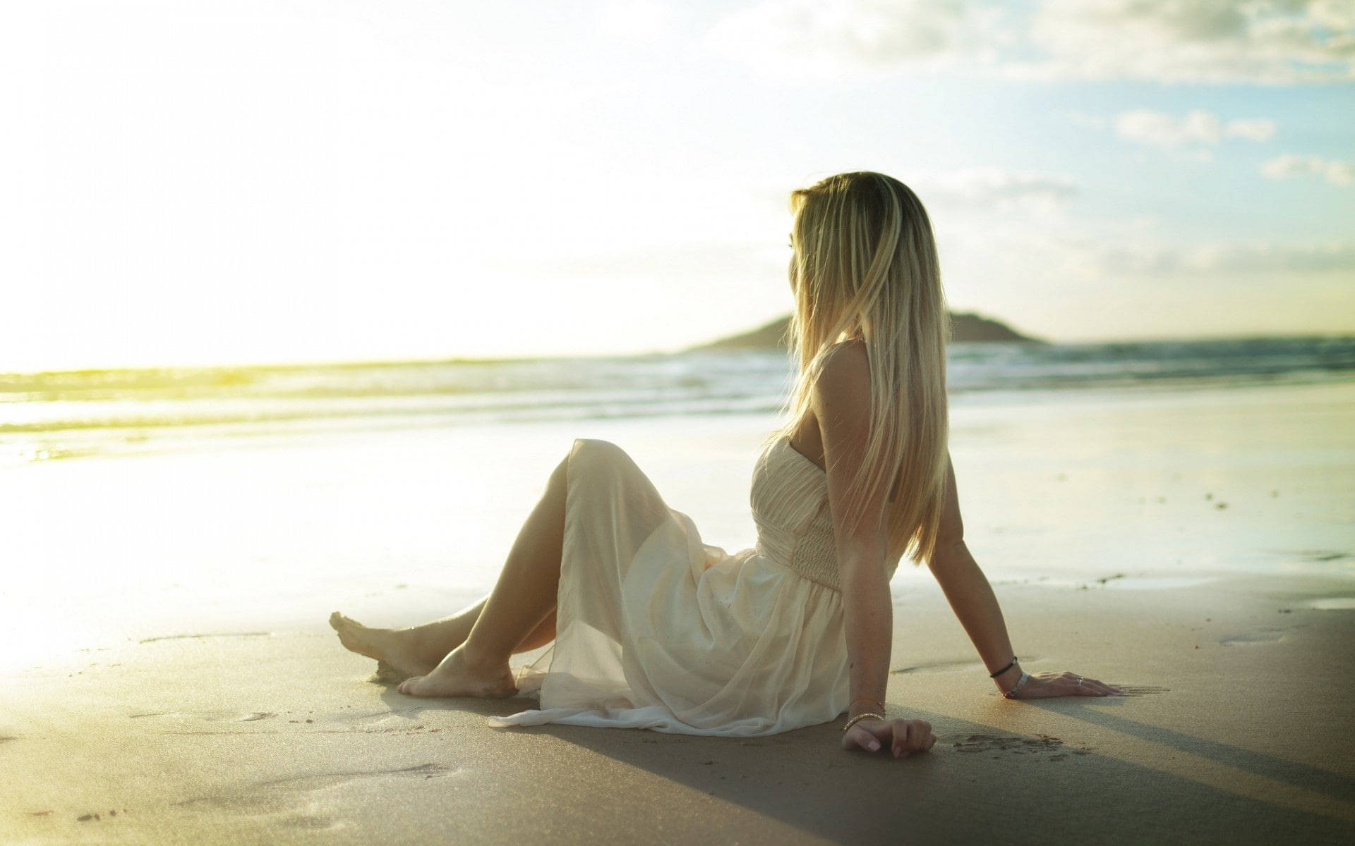 beach, white dress, golden hour, Full HD Desktop Wallpaper
