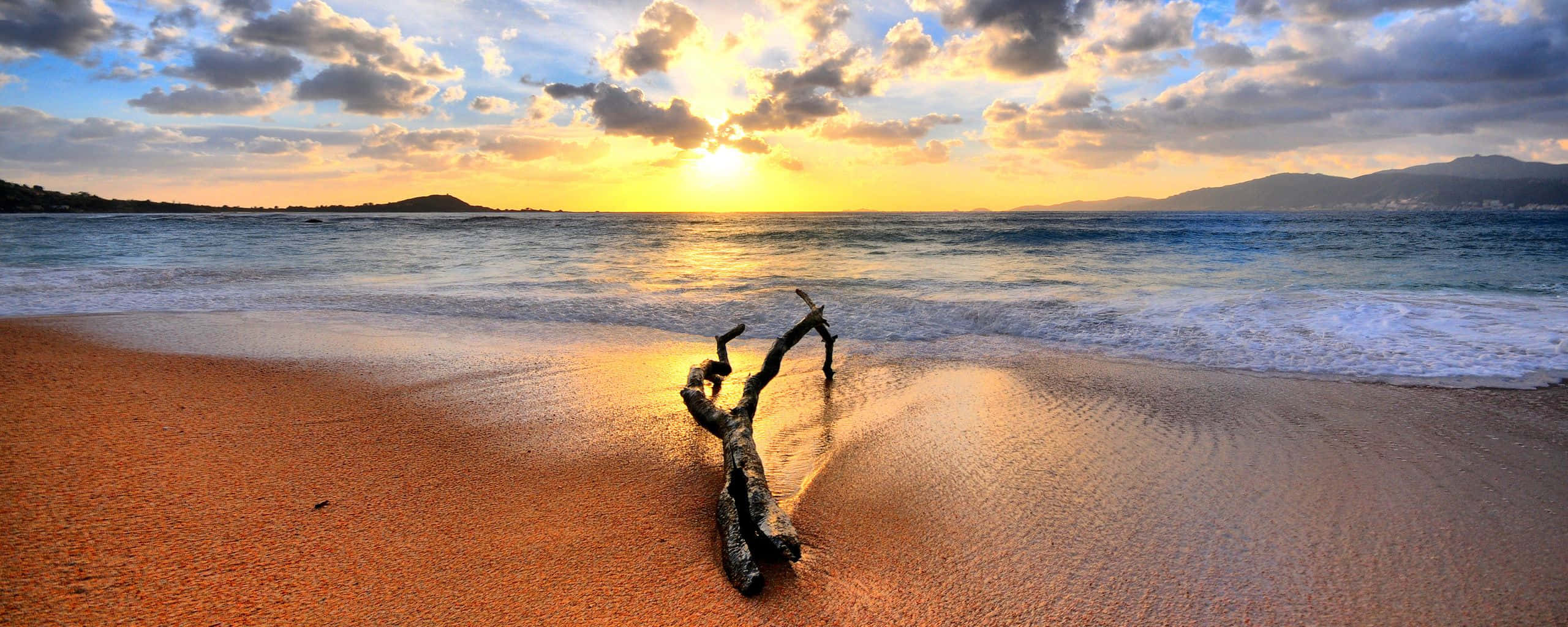 Beach Dual Monitor, sunset, golden sand, 2K Desktop Wallpaper