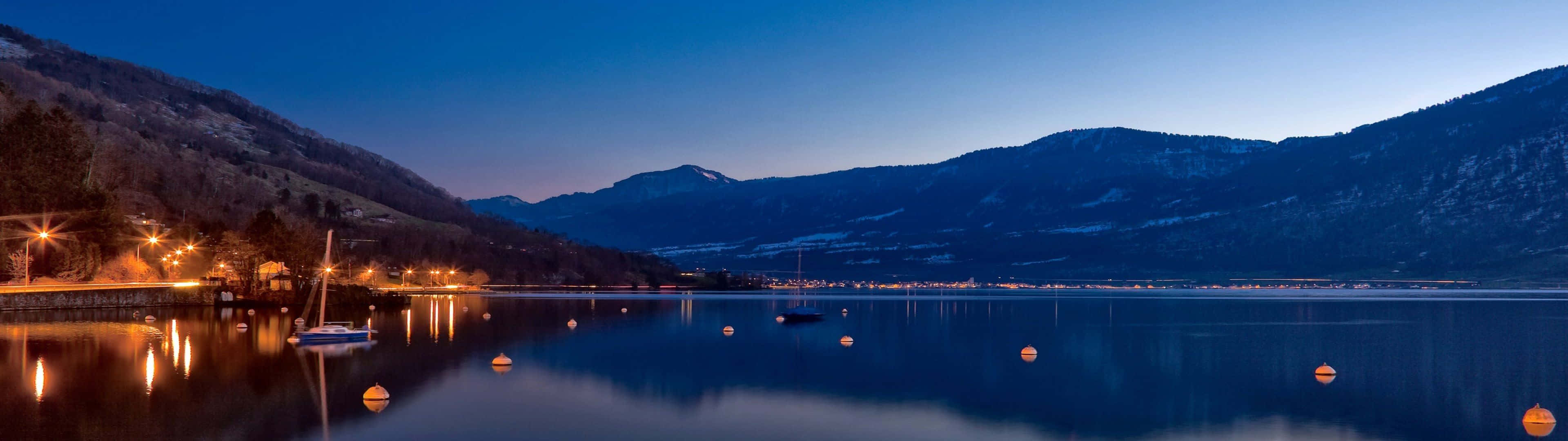 Mountain Beach Dual Monitor, dusk, snow-capped mountains, 4K Desktop Wallpaper