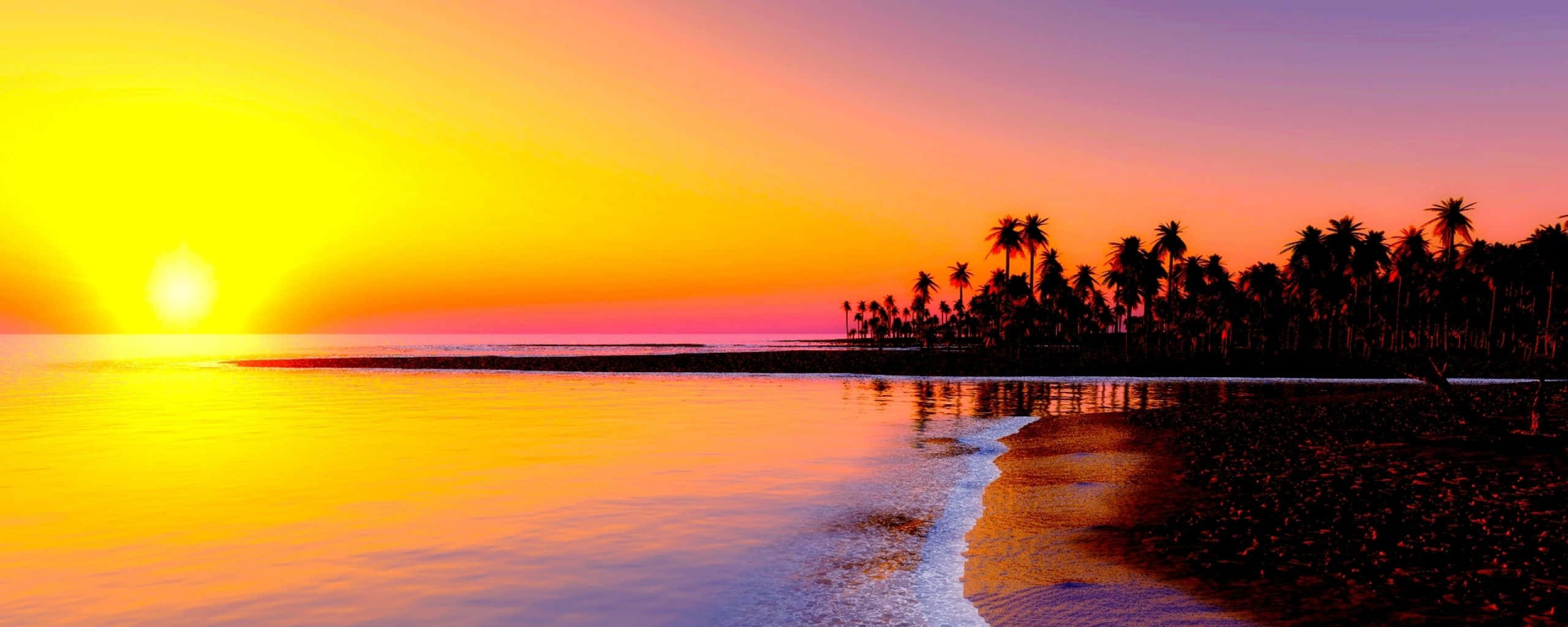 Beach Dual Monitor, sunset, fiery orange, 2K Desktop Wallpaper