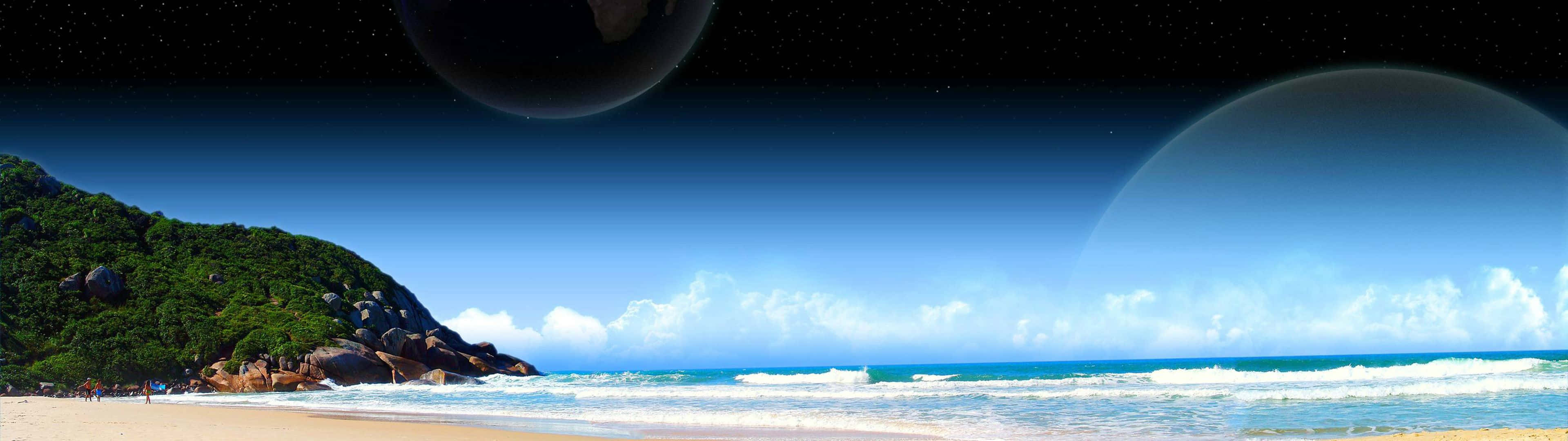 Beach Dual Monitor, surreal beach scene, crashing waves, 4K Desktop Wallpaper
