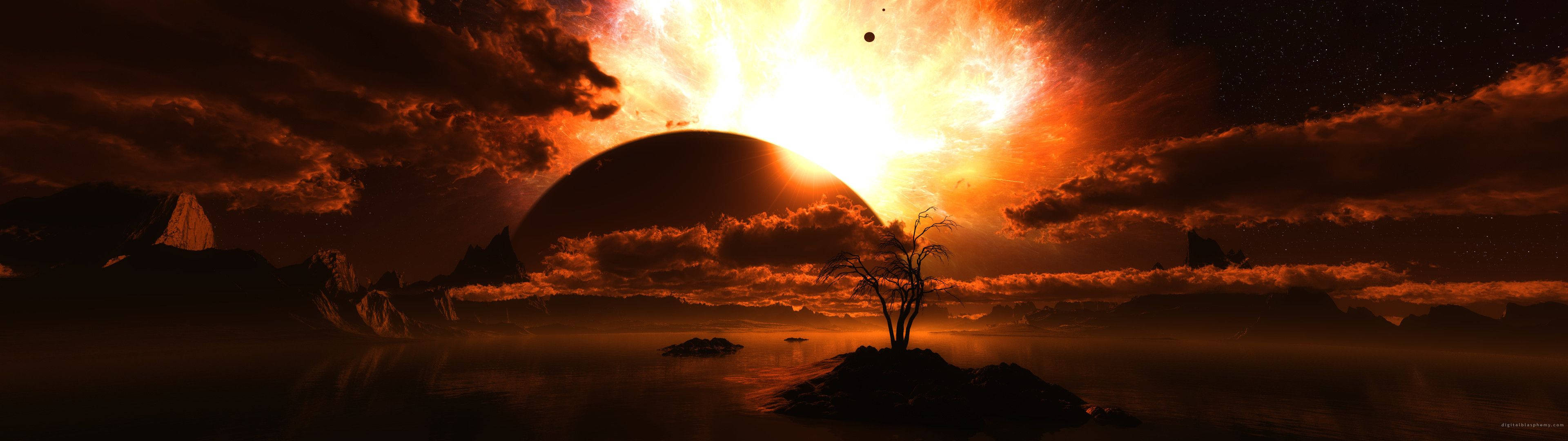 dual monitor, fiery orange sunset, misty island, 4K Desktop Wallpaper