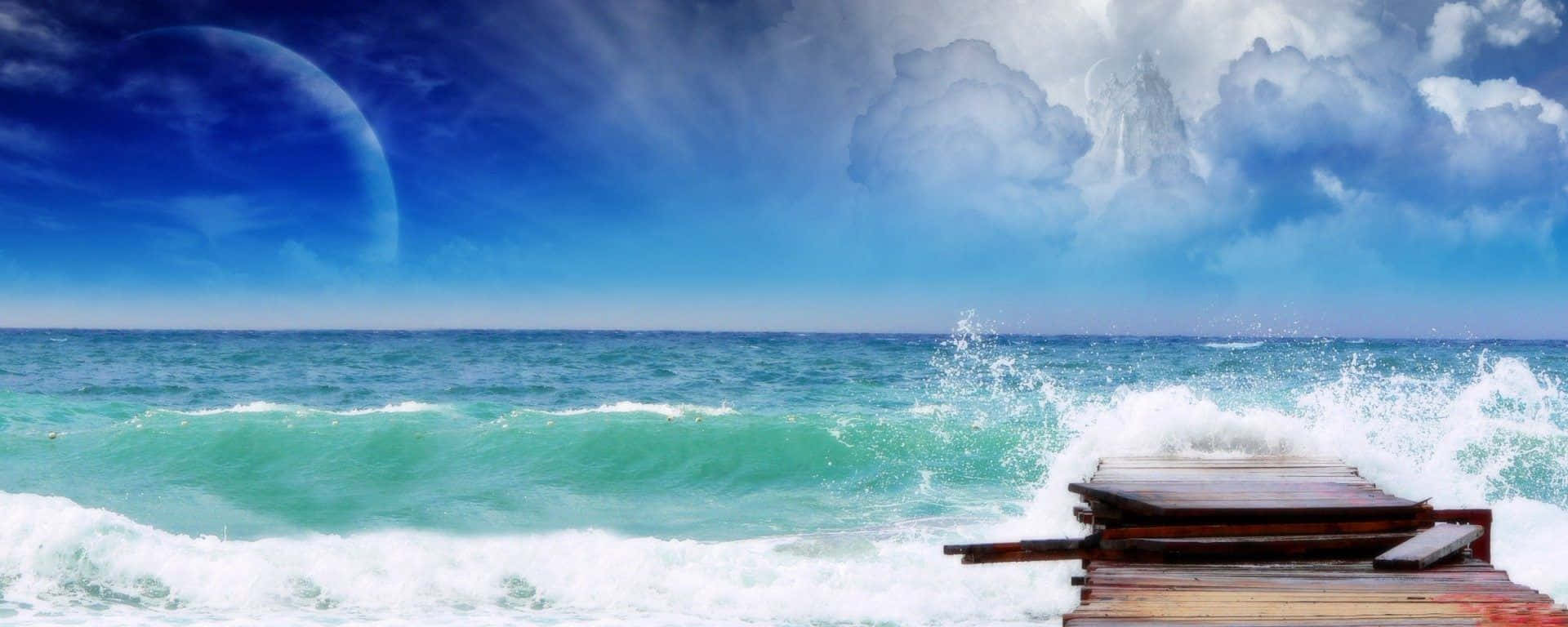 beach dual monitor, wooden pier, turquoise ocean, Full HD Desktop Wallpaper