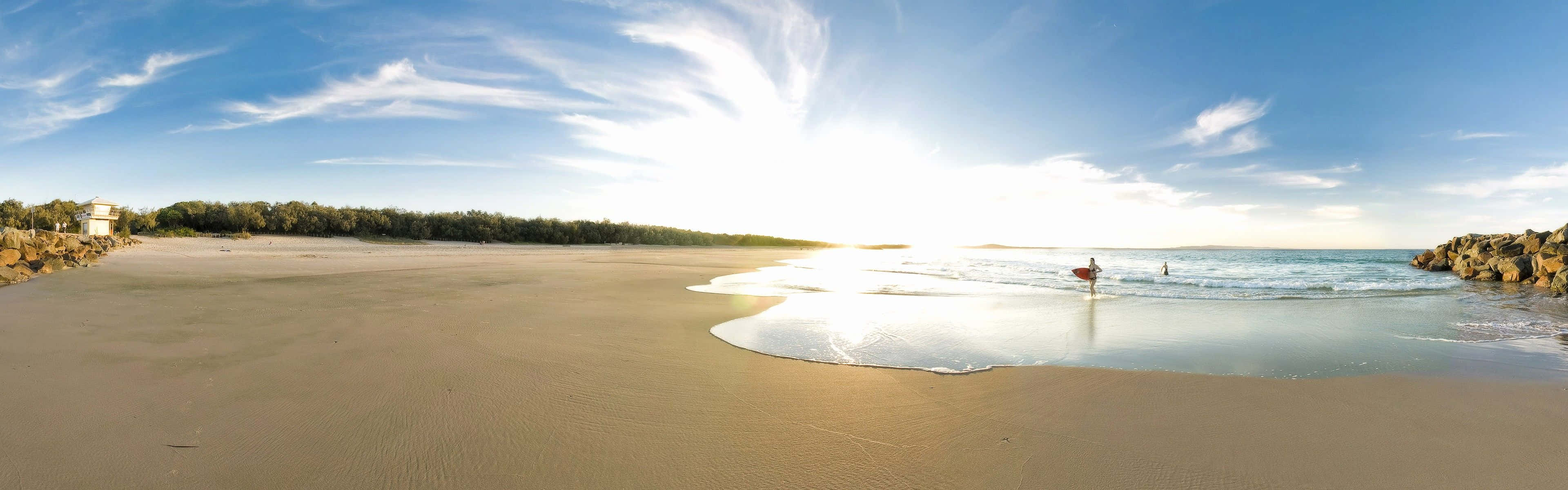 Beach Dual Monitor, sunrise, sandy beach, 4K Desktop Wallpaper